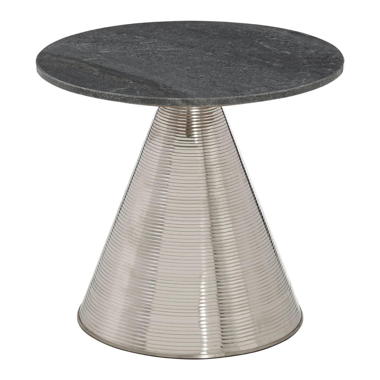 Round side table with black stone top and ribbed silver metal cone base