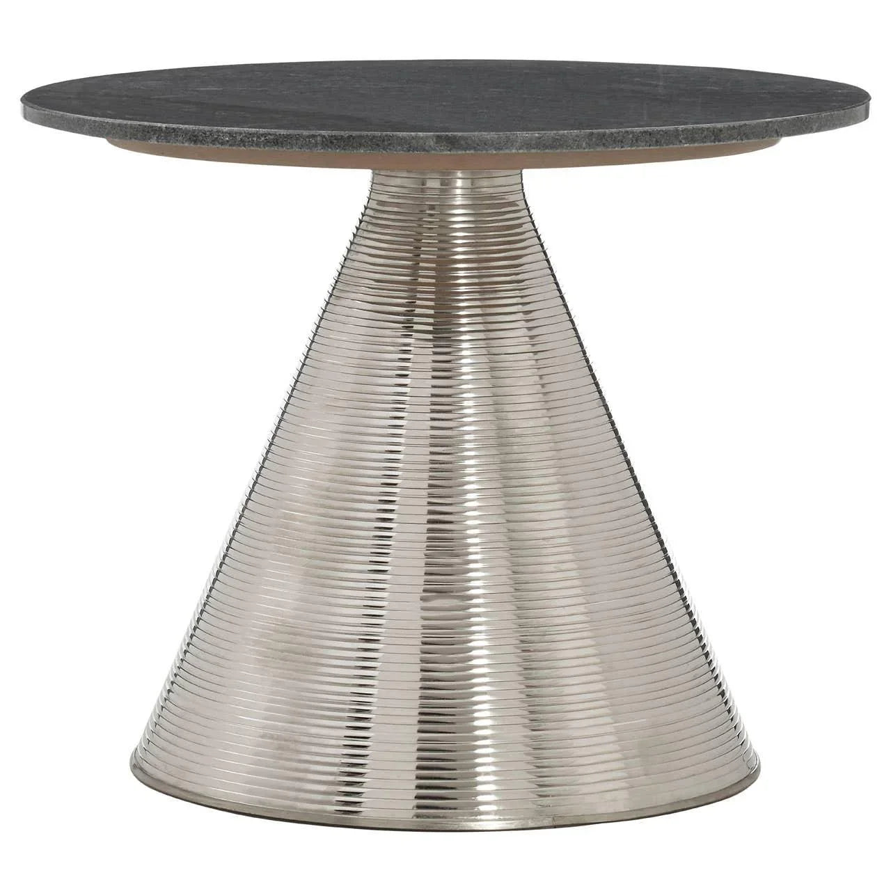 Round side table with black stone top and ribbed silver metal conical base