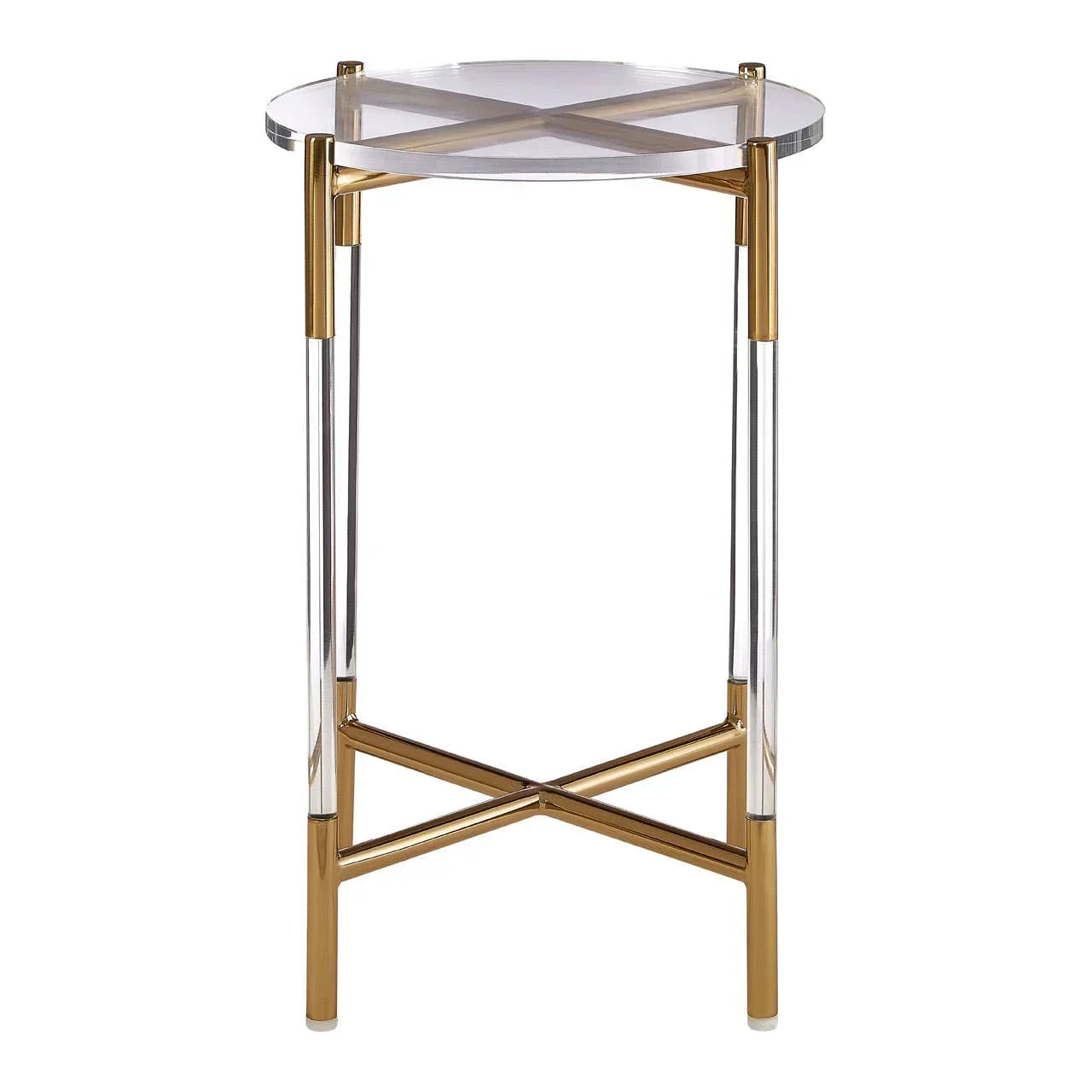 Round glass side table with gold metal frame and clear acrylic legs, front view