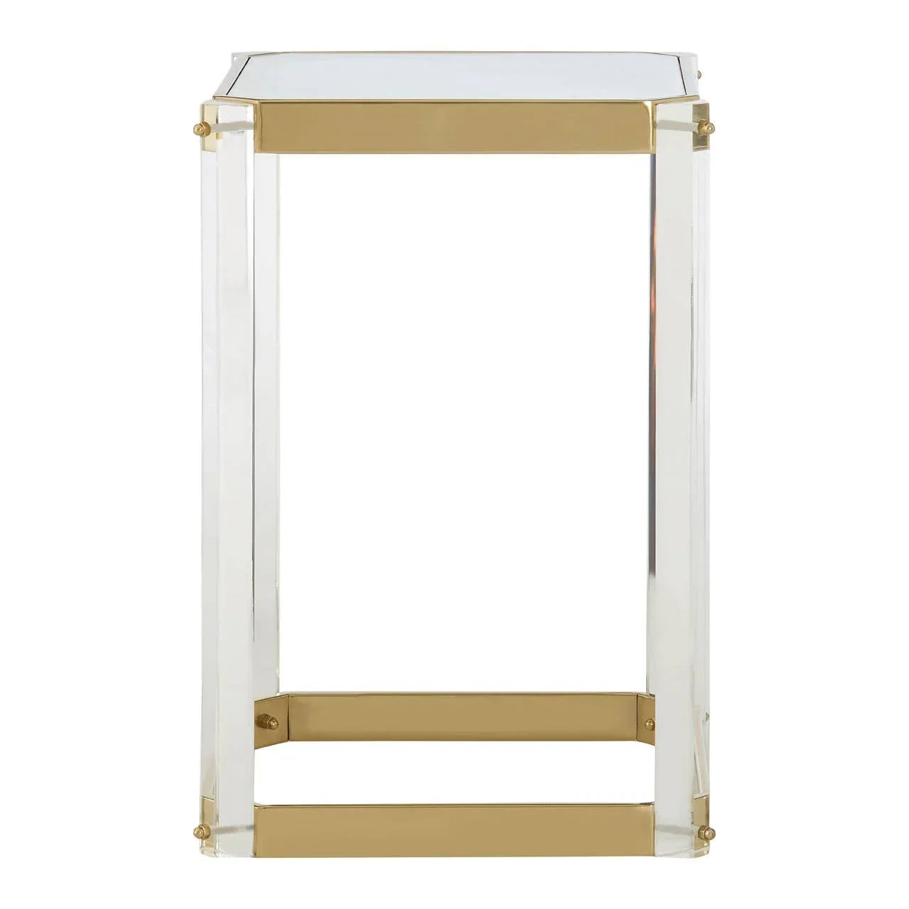 Glass top side table with gold metal trim and clear acrylic legs, front view