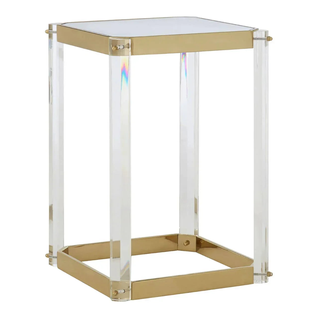 Glass and gold side table with clear acrylic legs, modern square design shown at angle