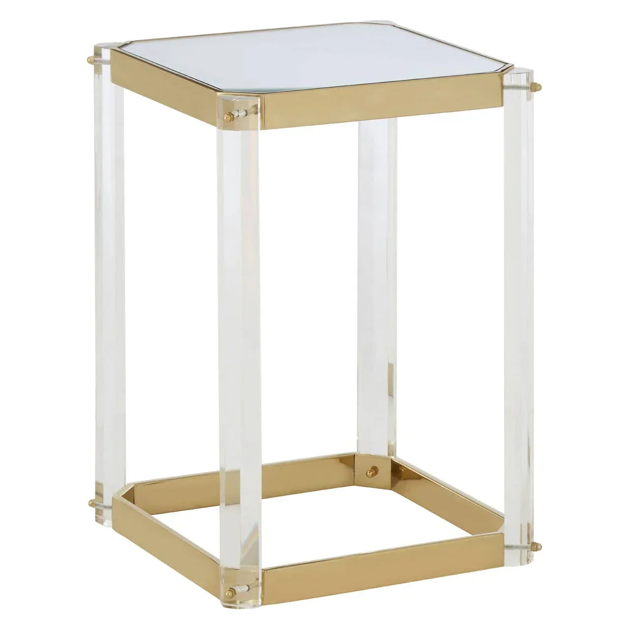 Glass top side table with clear acrylic legs and gold metal frame, modern furniture design