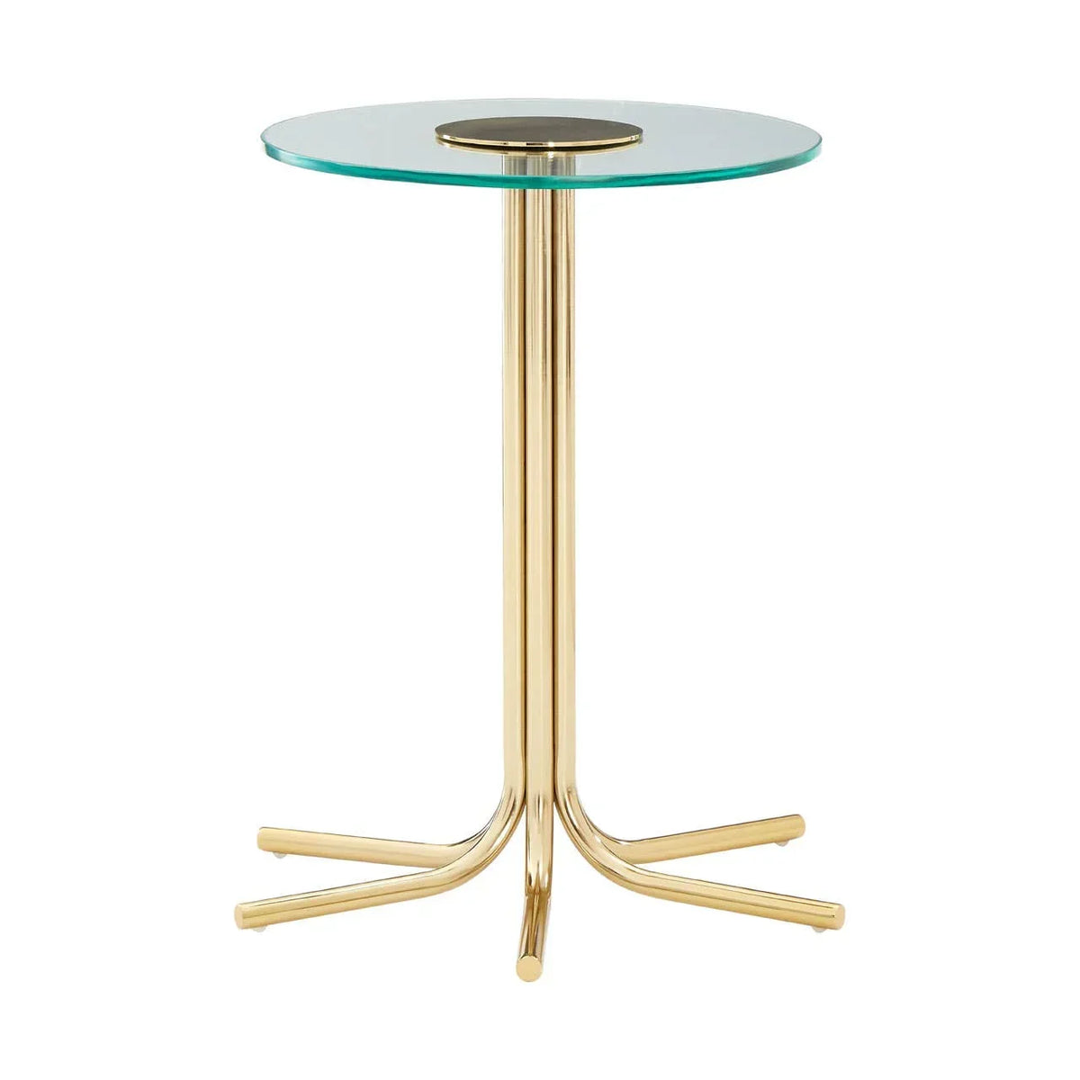 Round glass top side table with gold metal legs and modern design