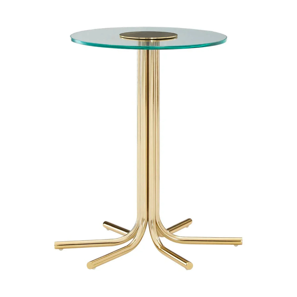 Round glass top side table with gold metal base and four curved legs