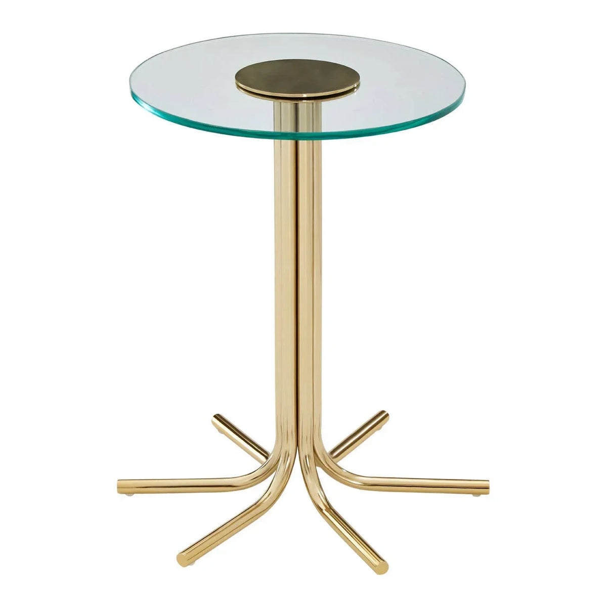 Round glass side table with gold metal frame and splayed legs