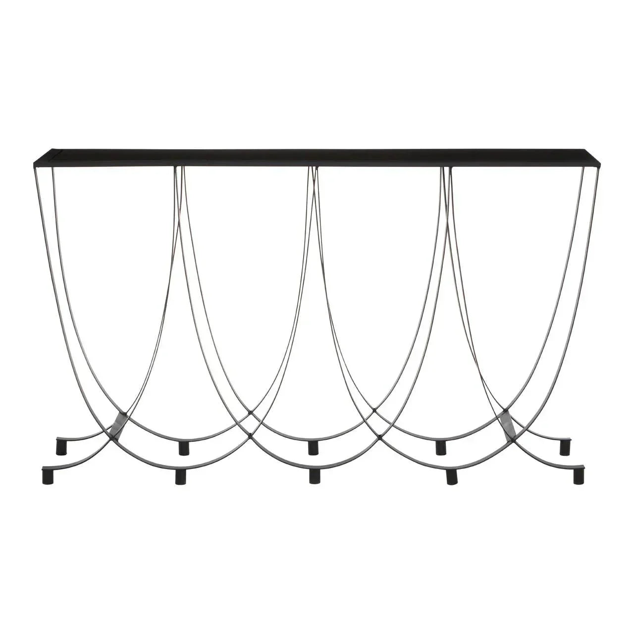 Black metal console table with curved wire legs and rectangular top