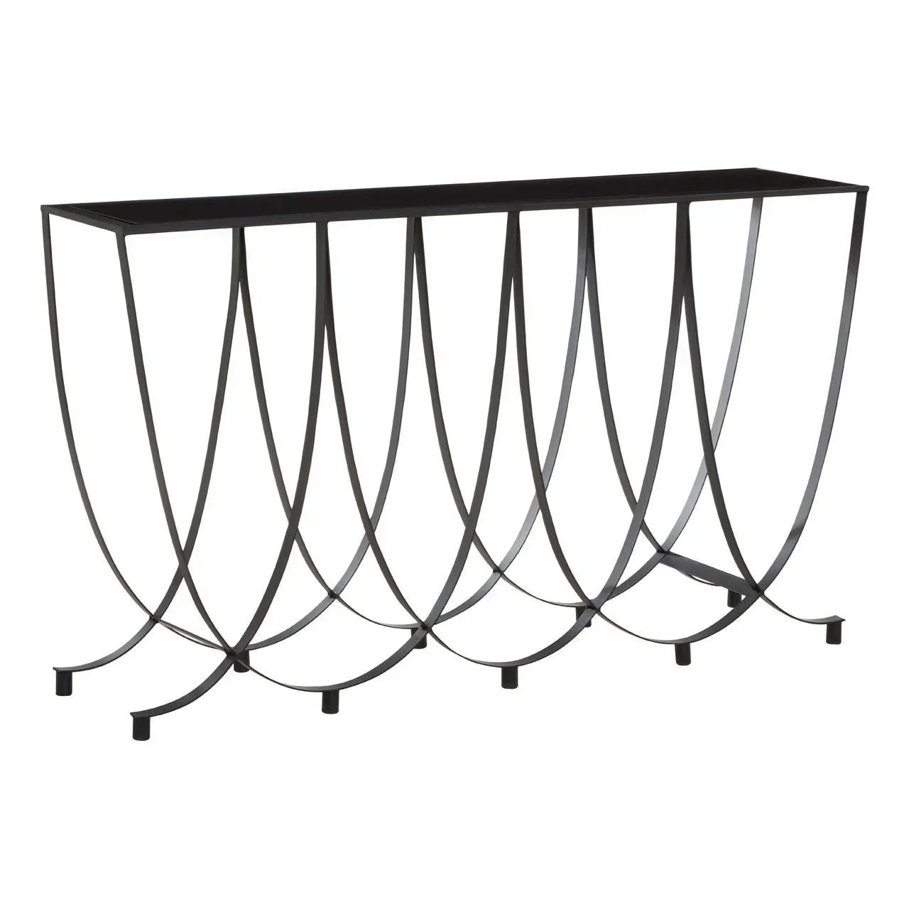 Black metal console table with curved open base and rectangular top