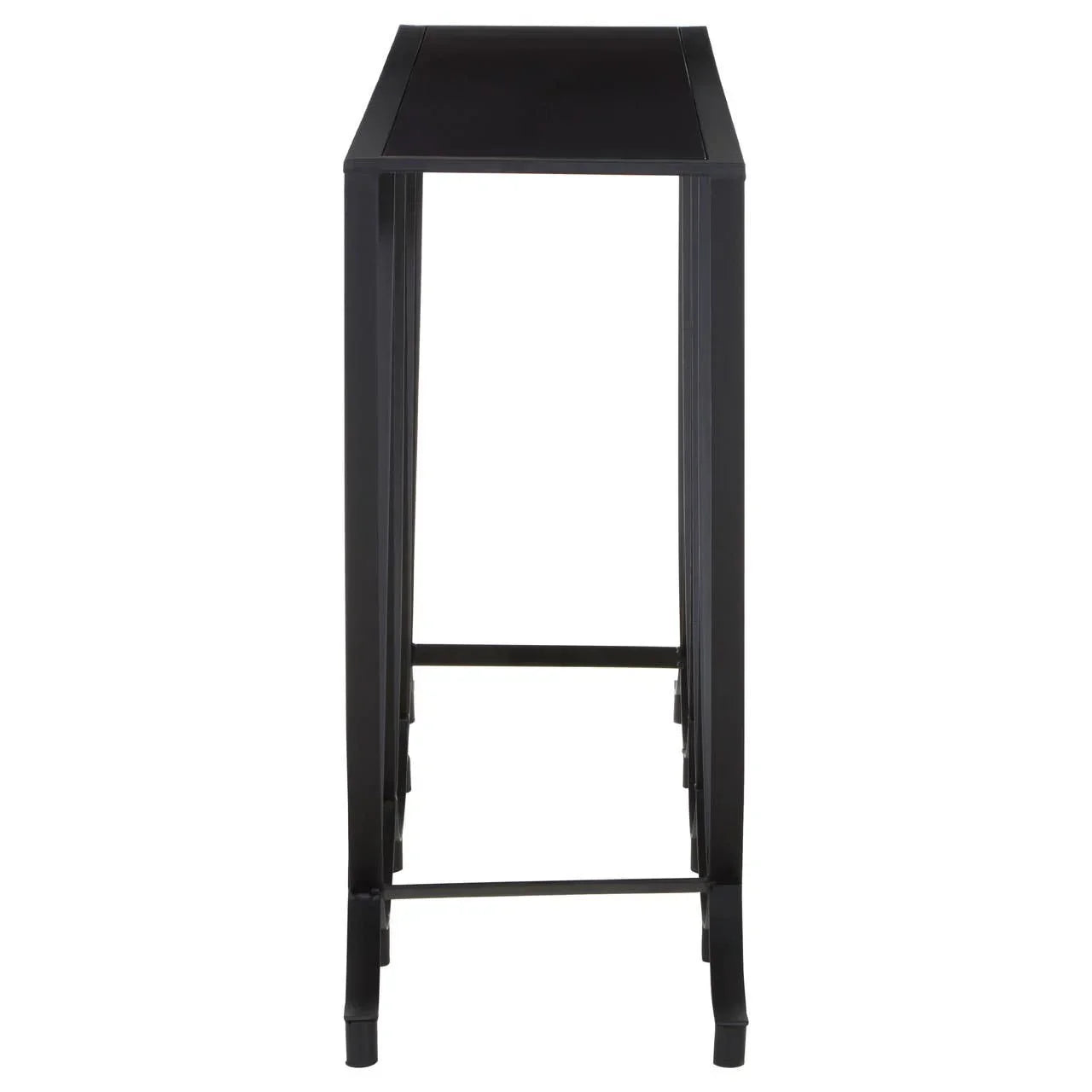 Narrow black metal console table shown from side profile with minimalist frame design