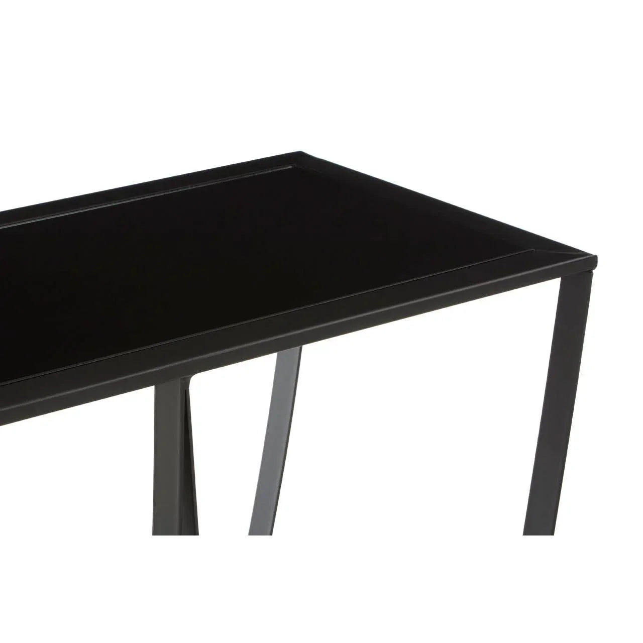 Black metal side table with rectangular tray top and slim legs, angled front view