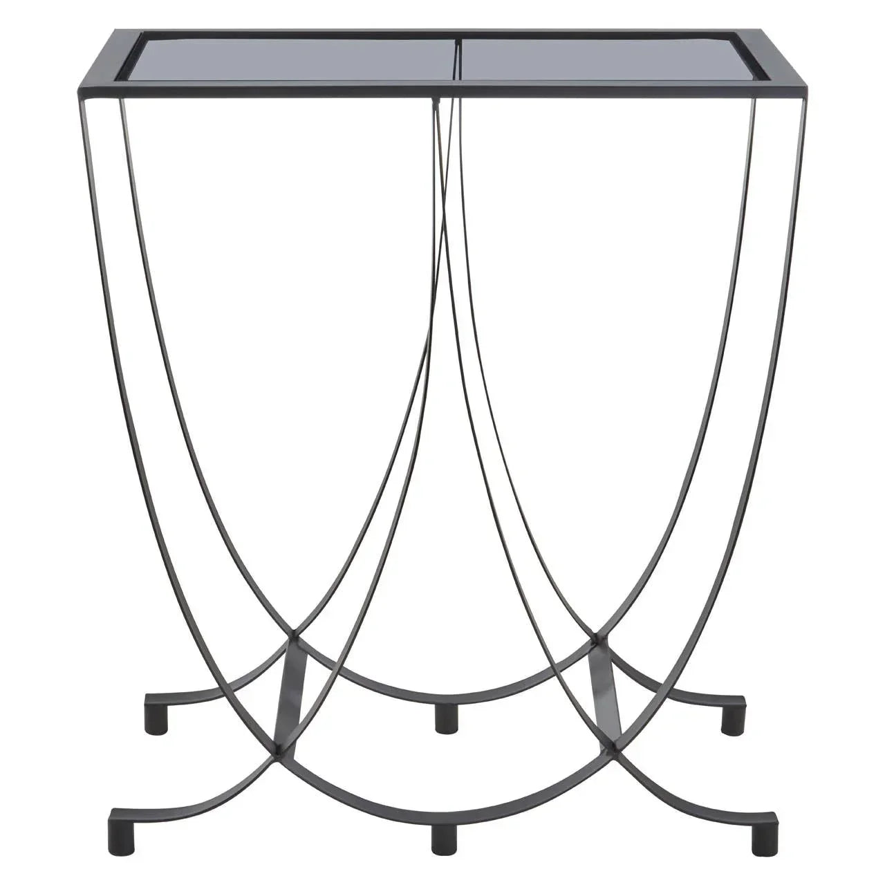 Black metal console table with rectangular glass top and curved frame supports