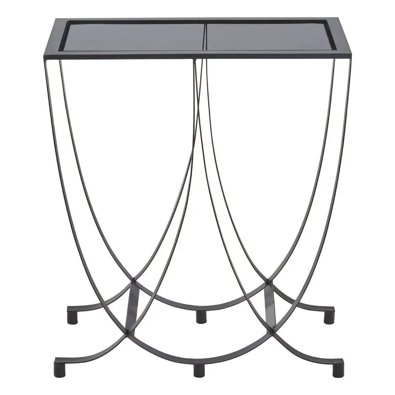Black metal console table with glass top and curved wireframe legs, front view