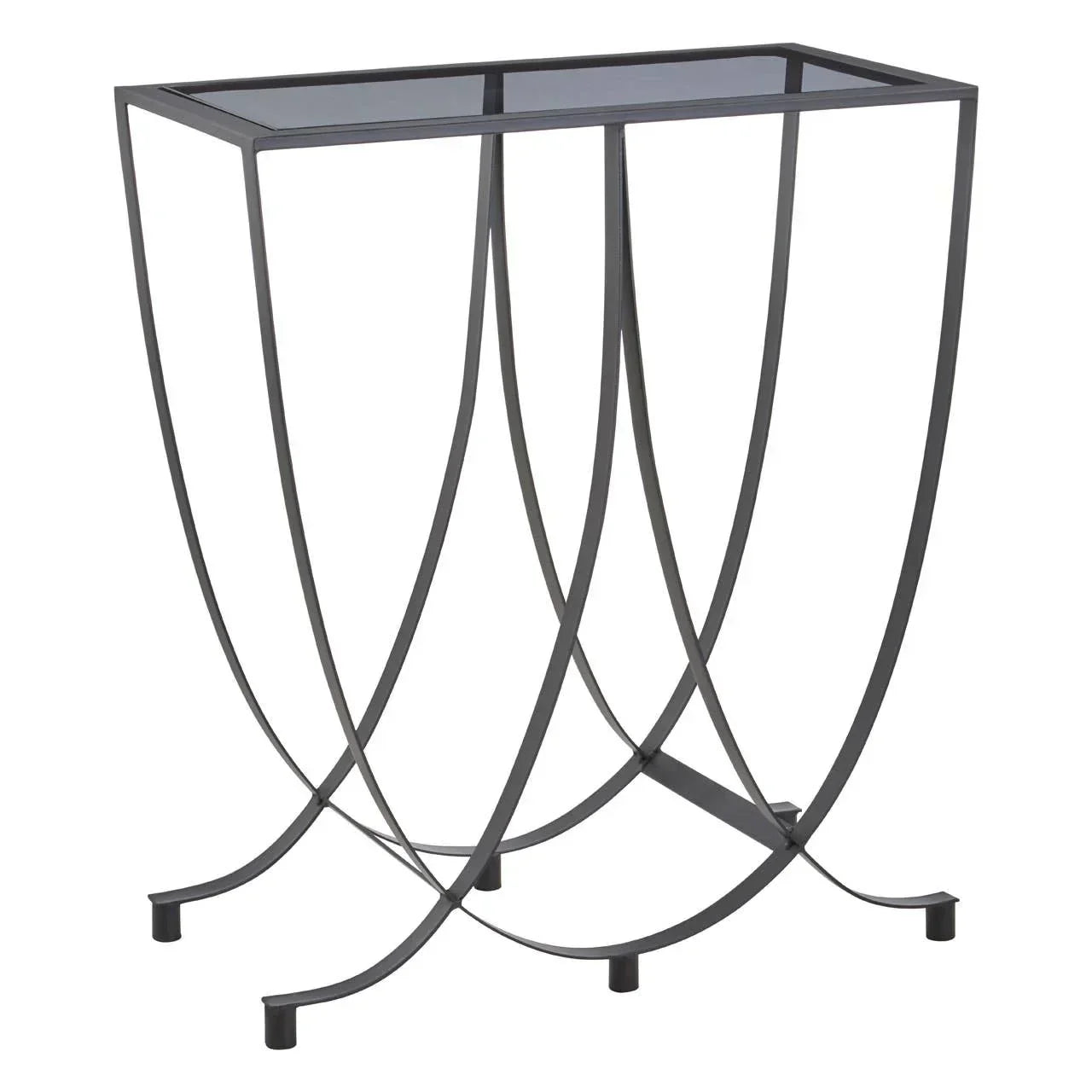Black metal console table with curved legs and glass top, modern side table design