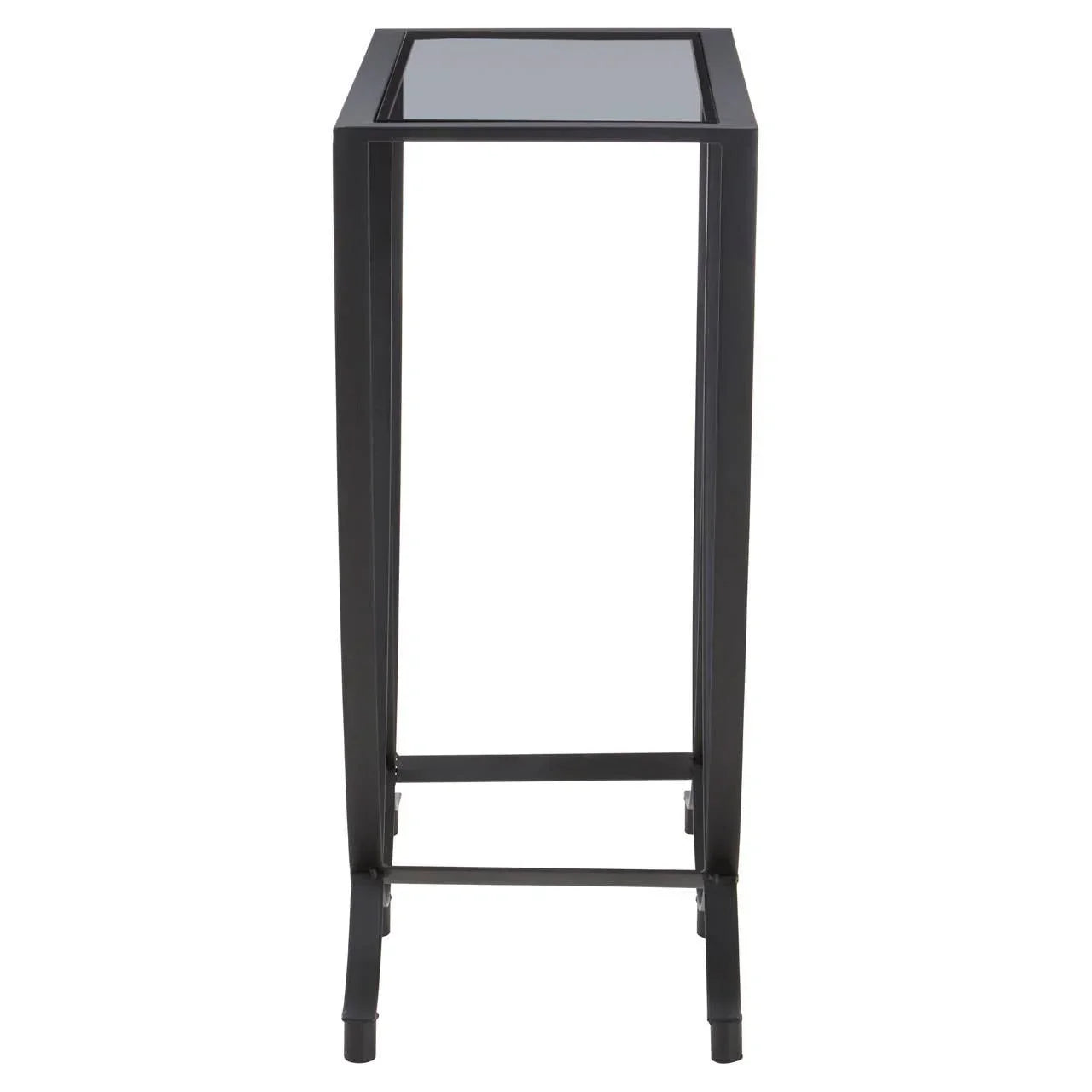Black metal side table with glass top, straight legs, and modern design, front view