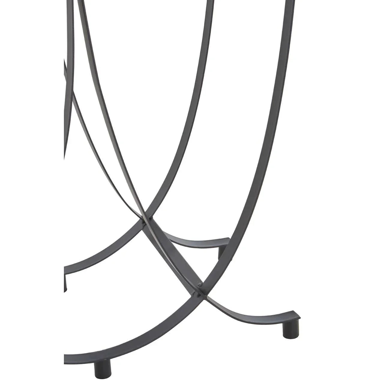 Curved black metal table legs with intersecting support bars, close-up view