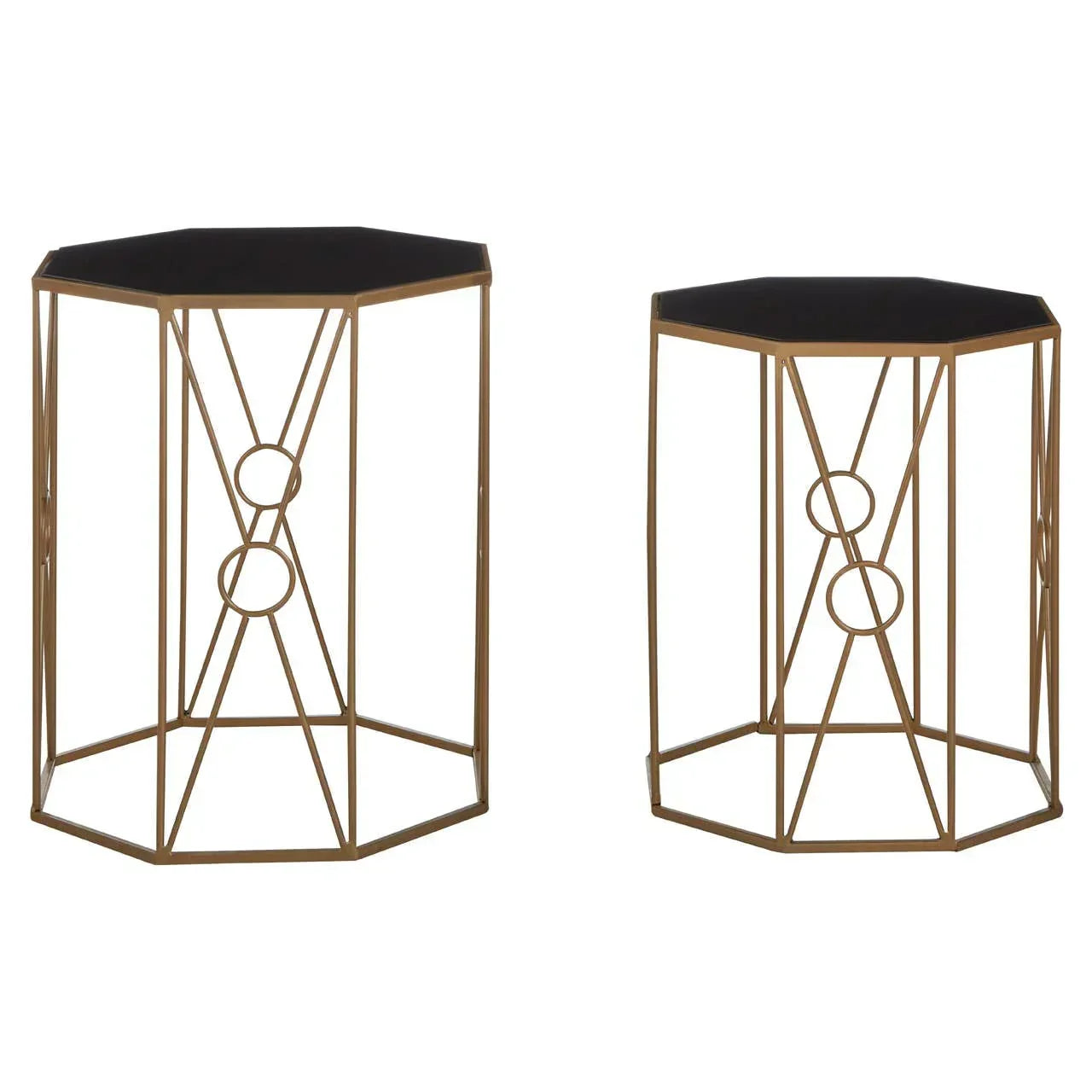 Gold metal side tables with black glass tops, geometric frames, shown in two sizes