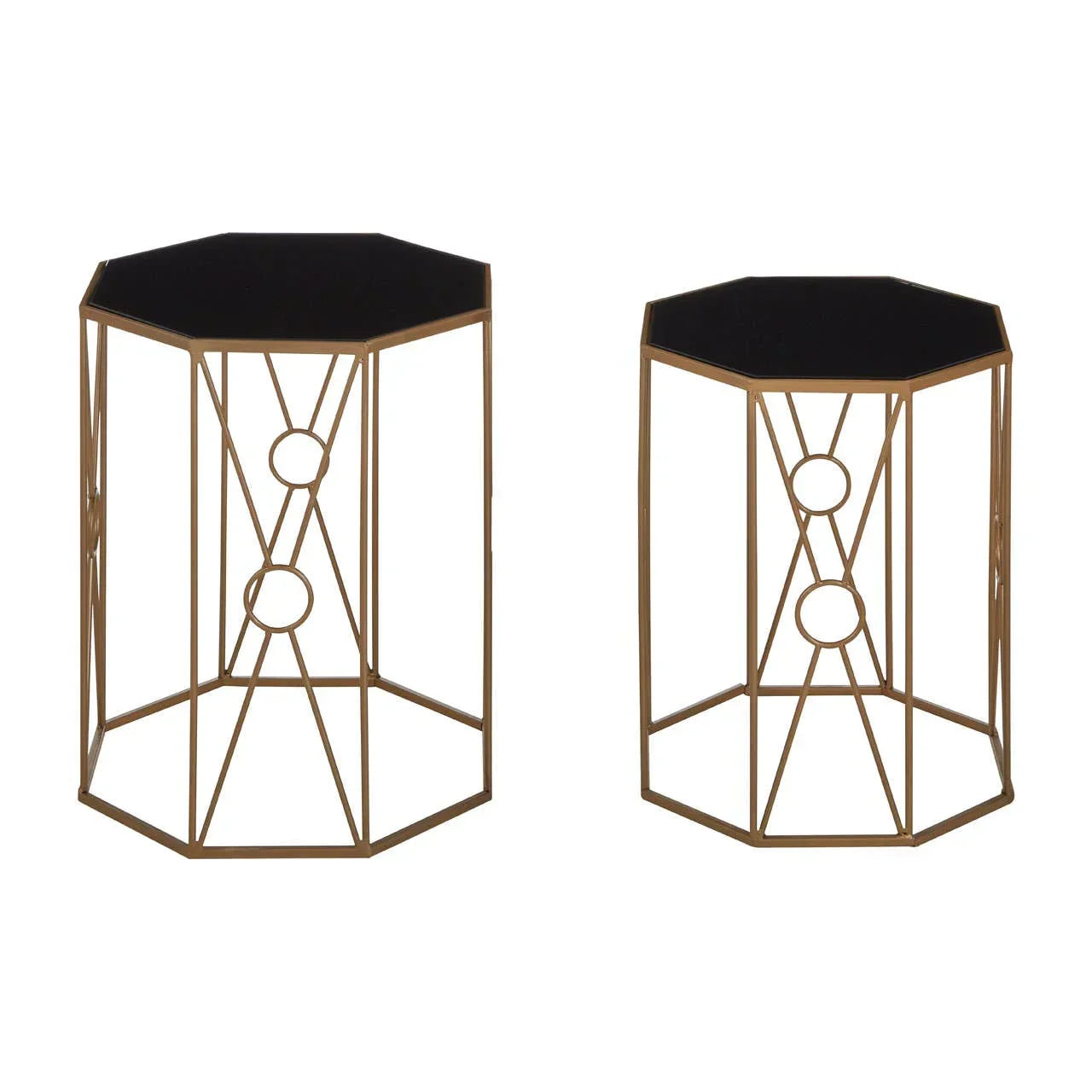Pair of geometric gold metal side tables with black glass tops