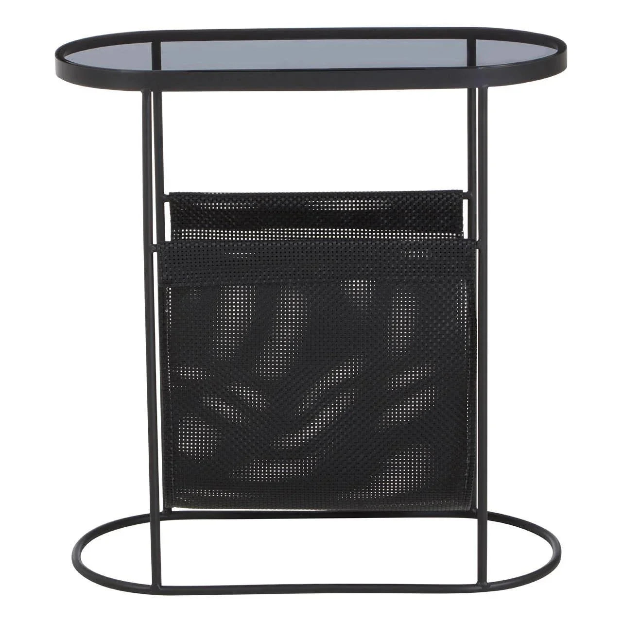 Black metal side table with glass top and mesh magazine holder front view