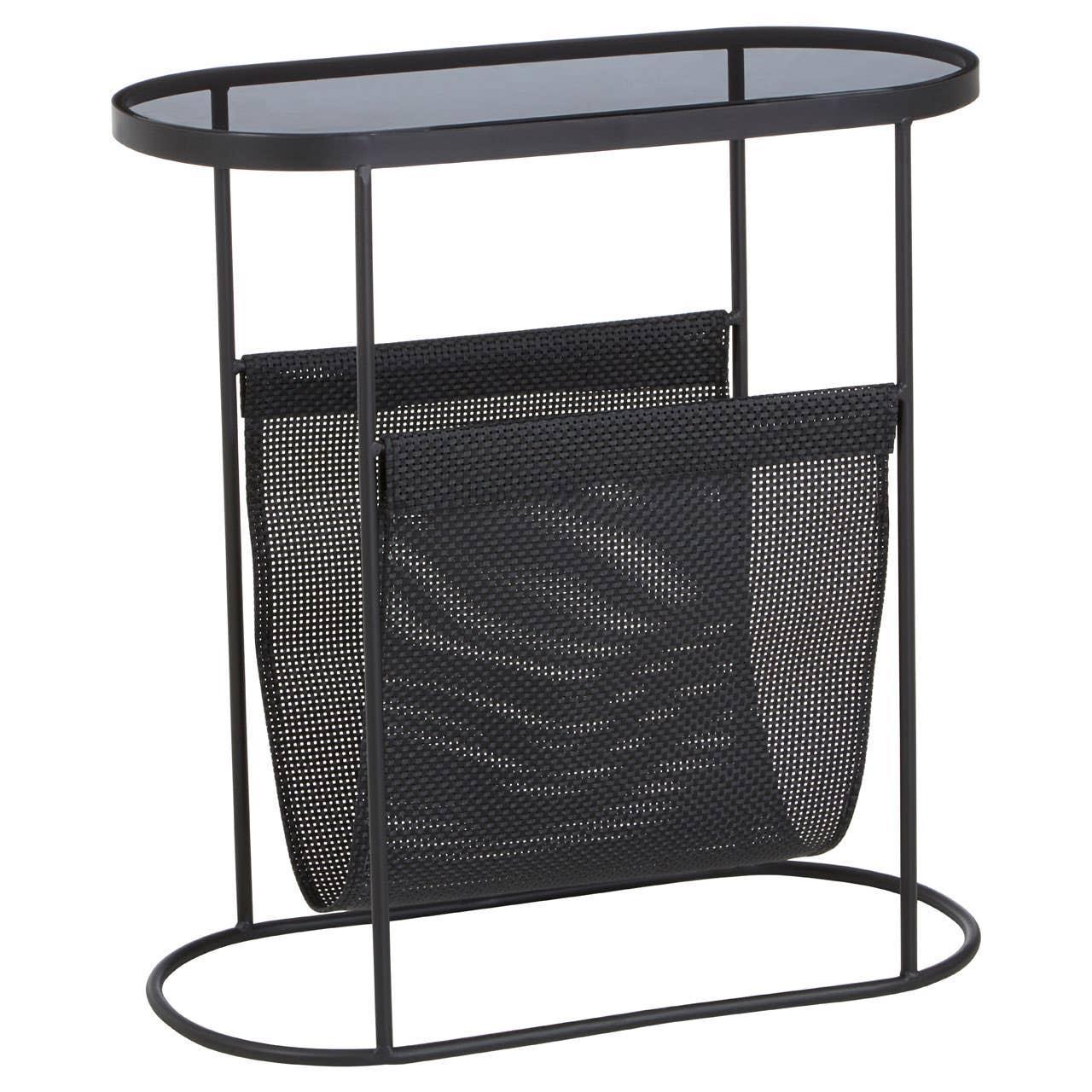 Black metal side table with glass top and mesh magazine rack