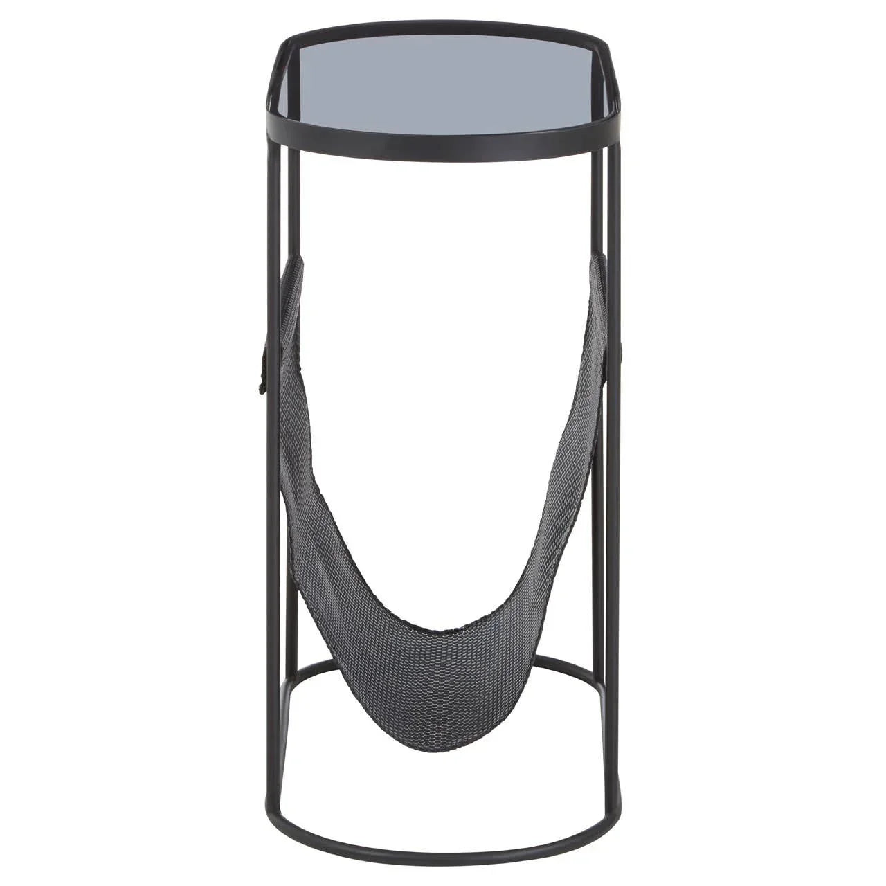 Black metal side table with glass top and mesh storage sling underneath