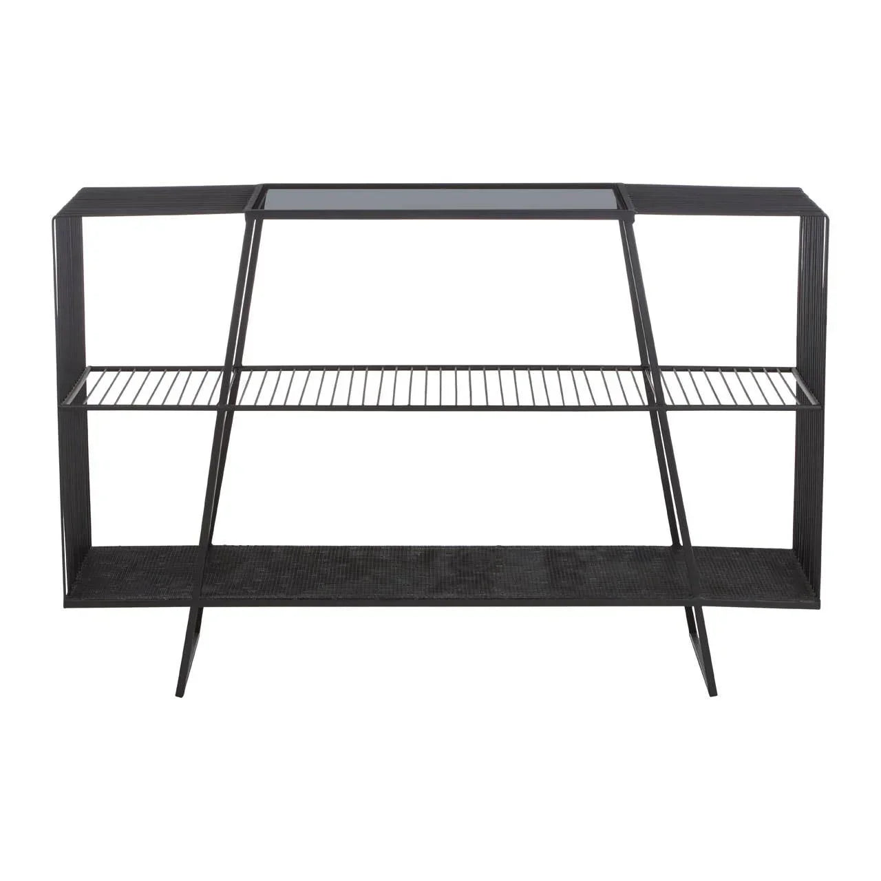 Black metal console table with glass top, slatted middle shelf and solid base shelf