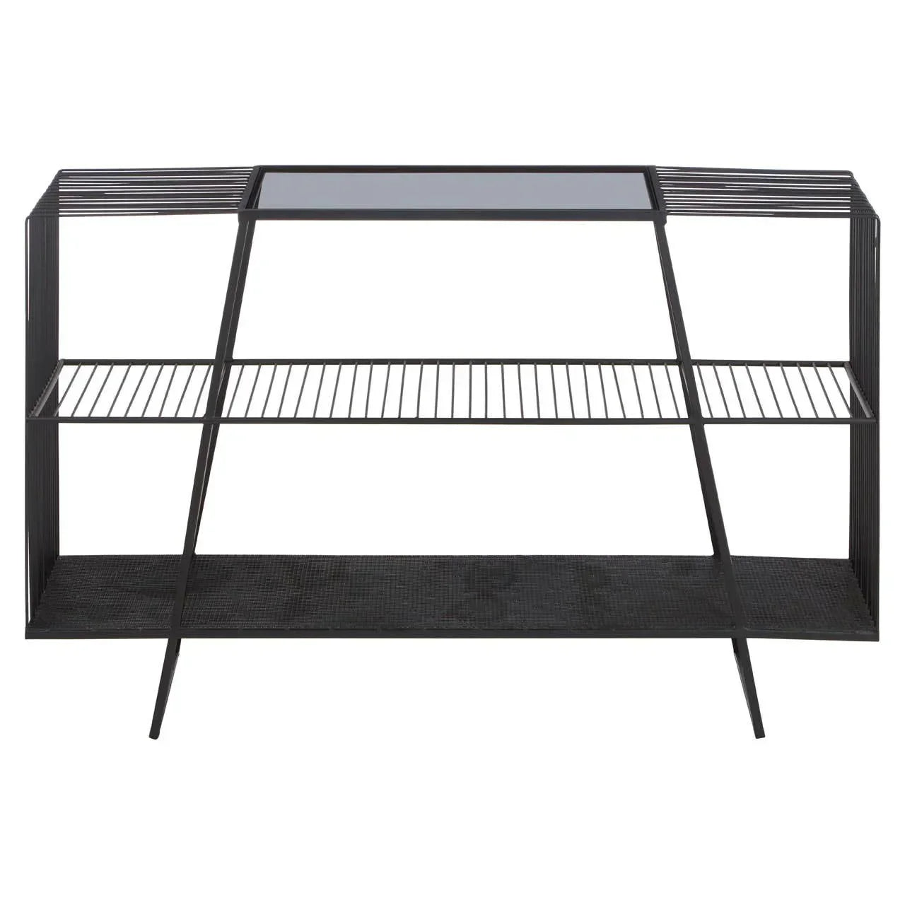 Black metal console table with glass top, two open shelves and angled legs, front view
