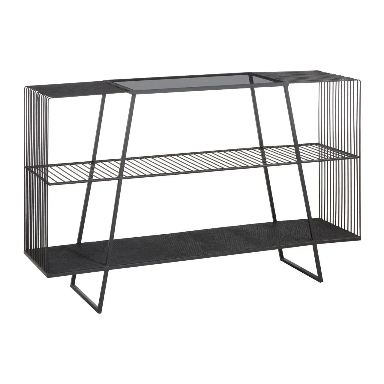 Black metal console table with wire frame, two shelves, and glass top, angled front view