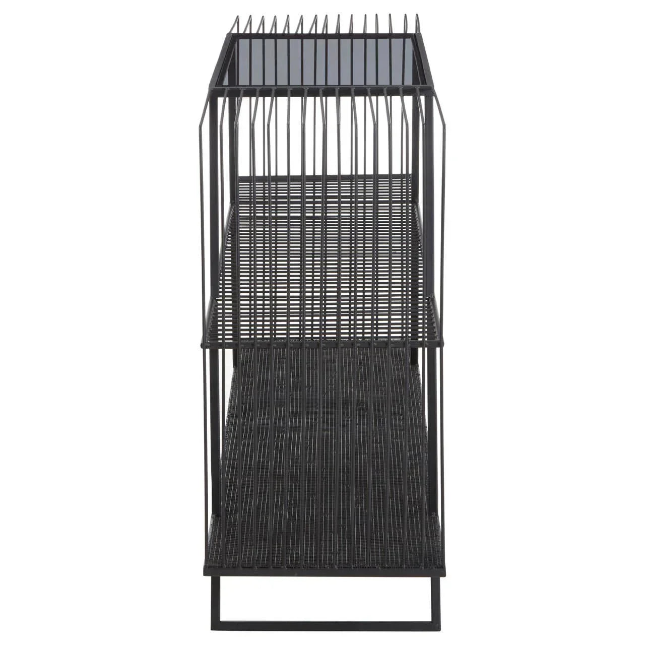 Black metal side table with woven lower shelf and glass top, viewed from the narrow end