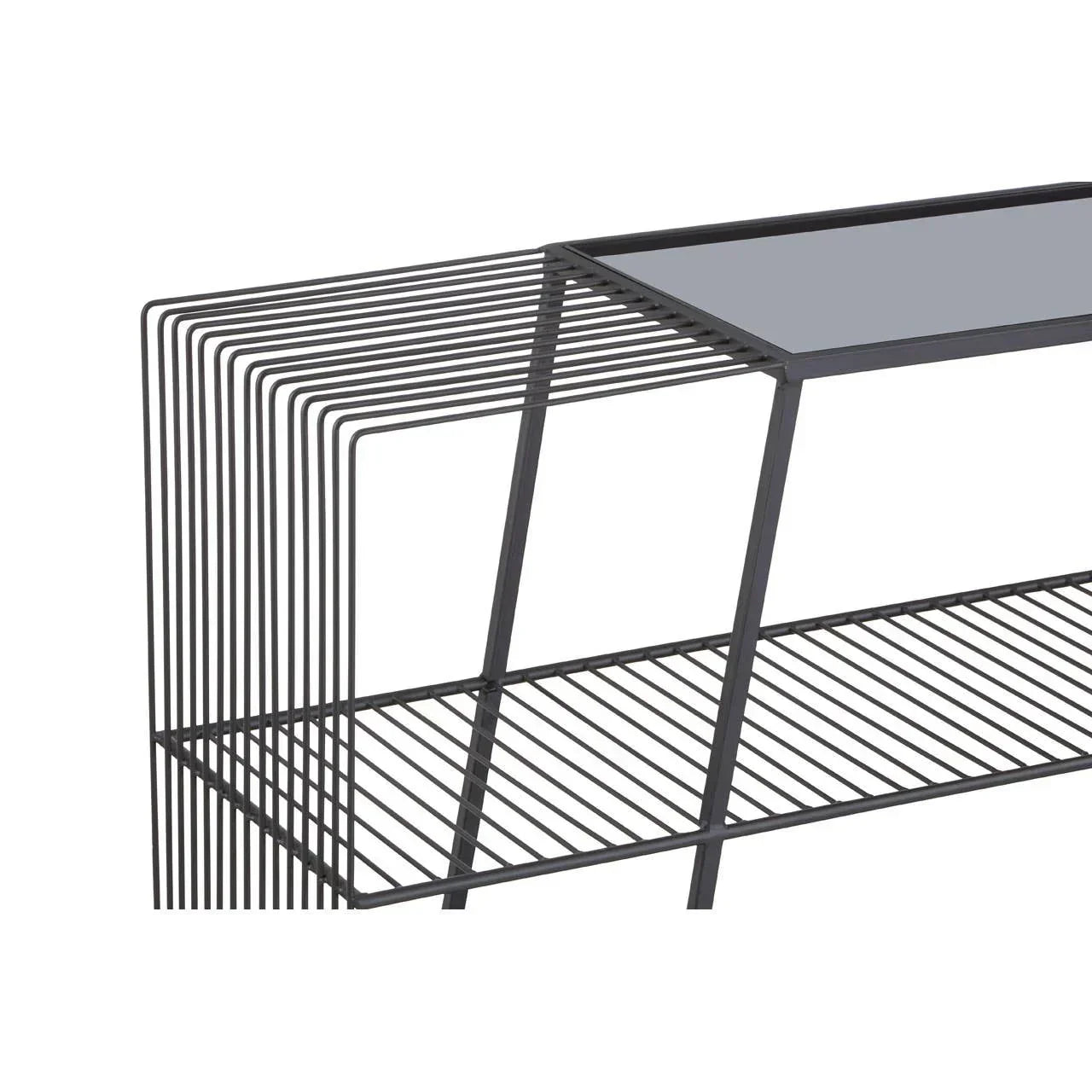 Black metal console table with open wire shelves and glass top, modern minimalist design