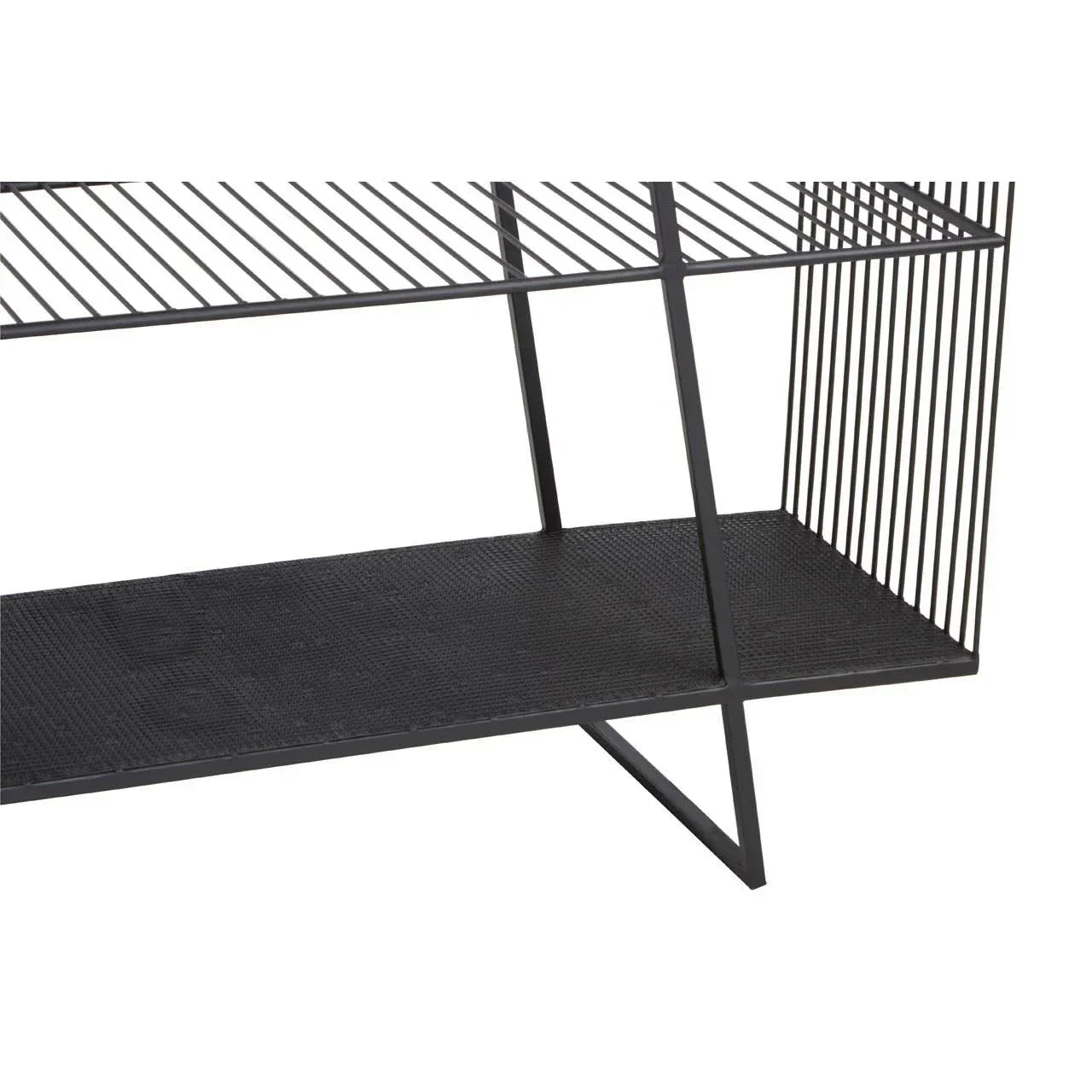 Black metal side table with wire frame and textured lower shelf, modern industrial design