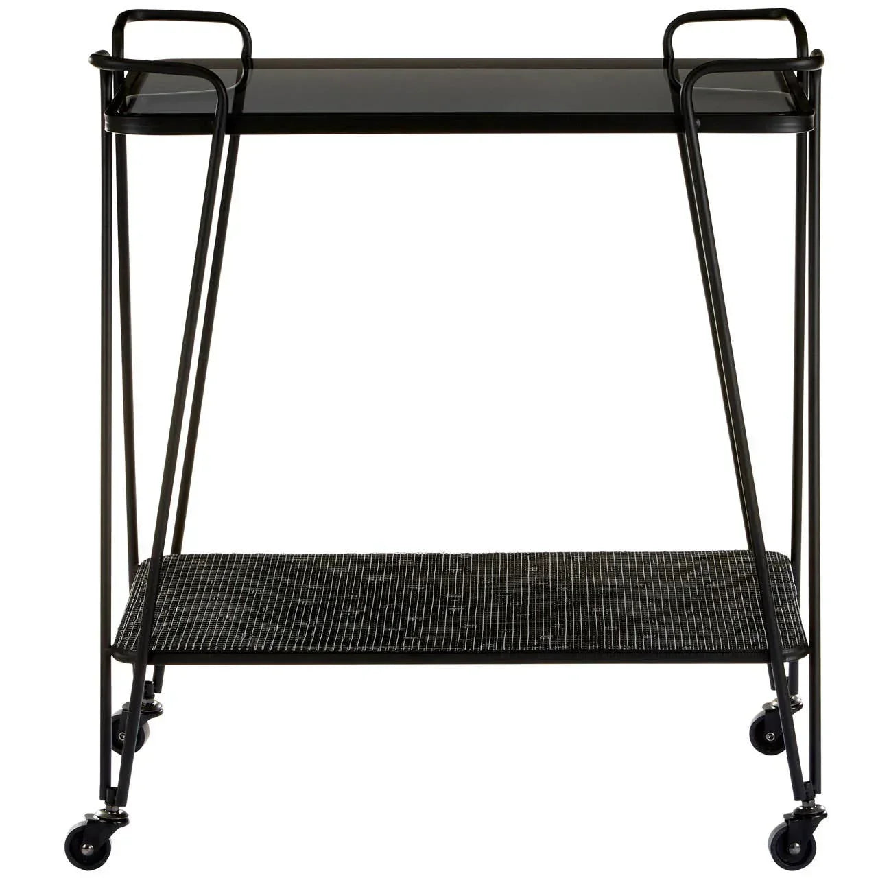 Black metal bar cart with two shelves and castor wheels, front view