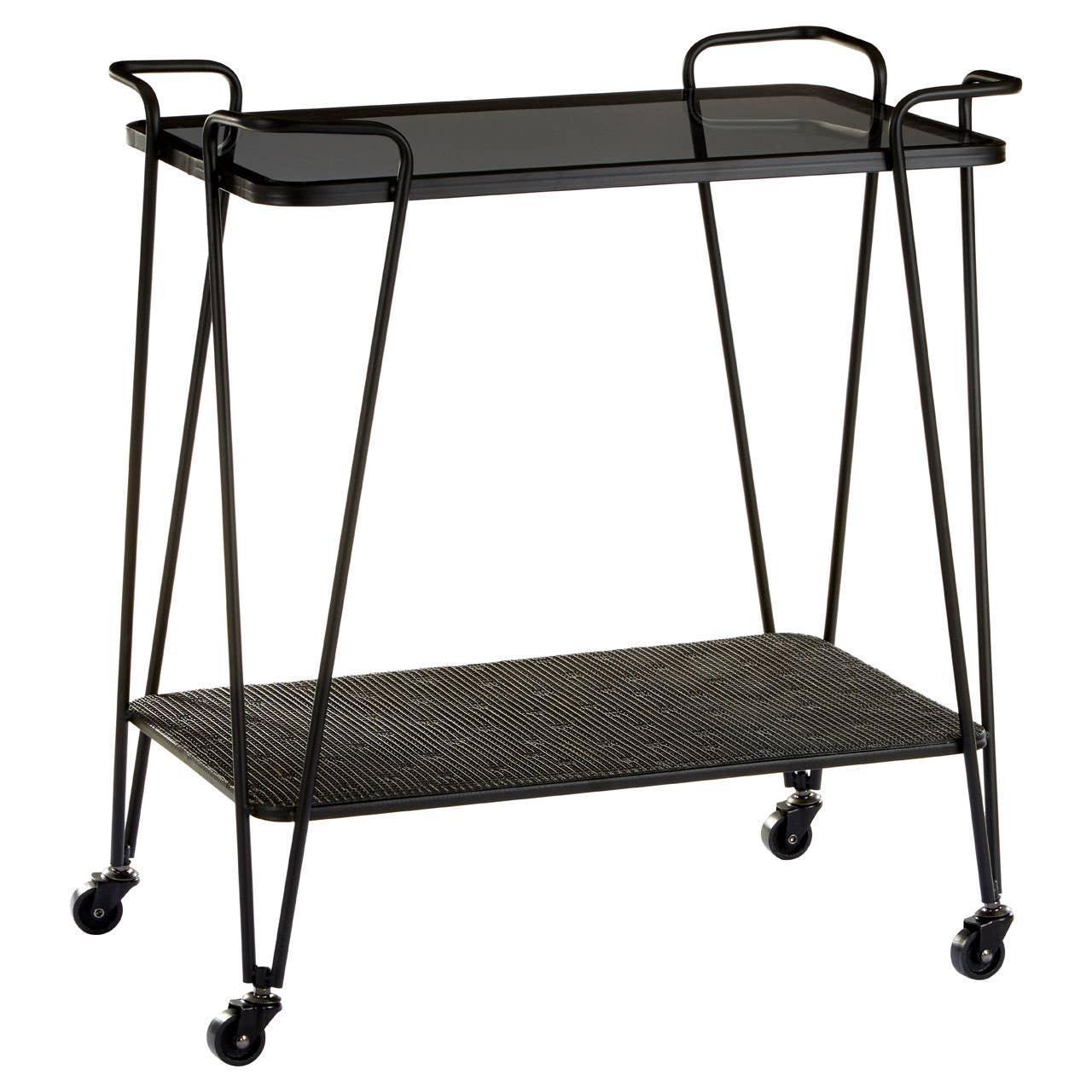 Black metal drinks trolley with glass top shelf, lower woven shelf and four wheels