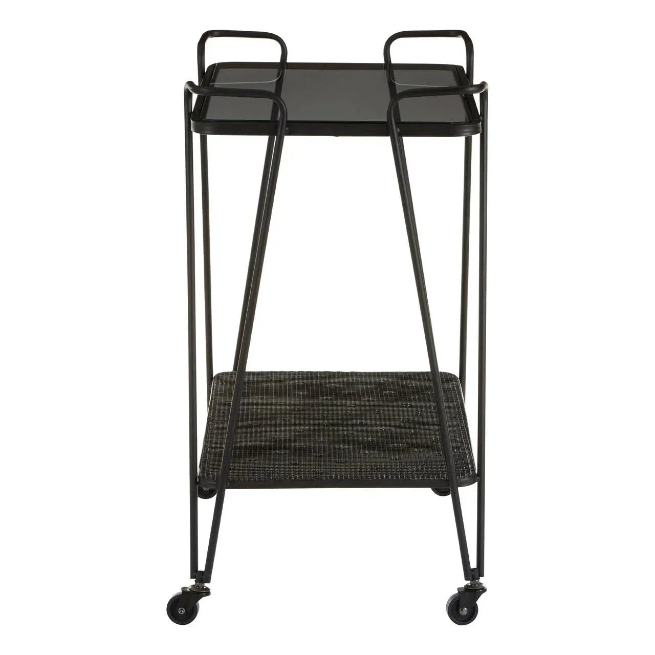 Black metal bar trolley with two shelves and four wheels, front view