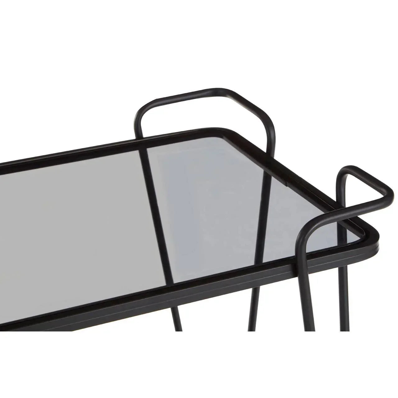 Black metal and glass side table with rectangular top and raised handles
