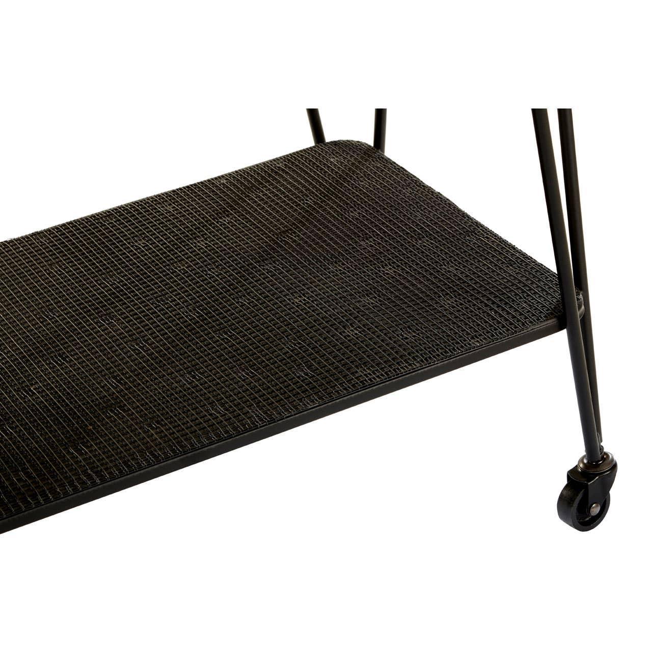 Black metal mesh shelf with caster wheel, detail view of storage trolley base