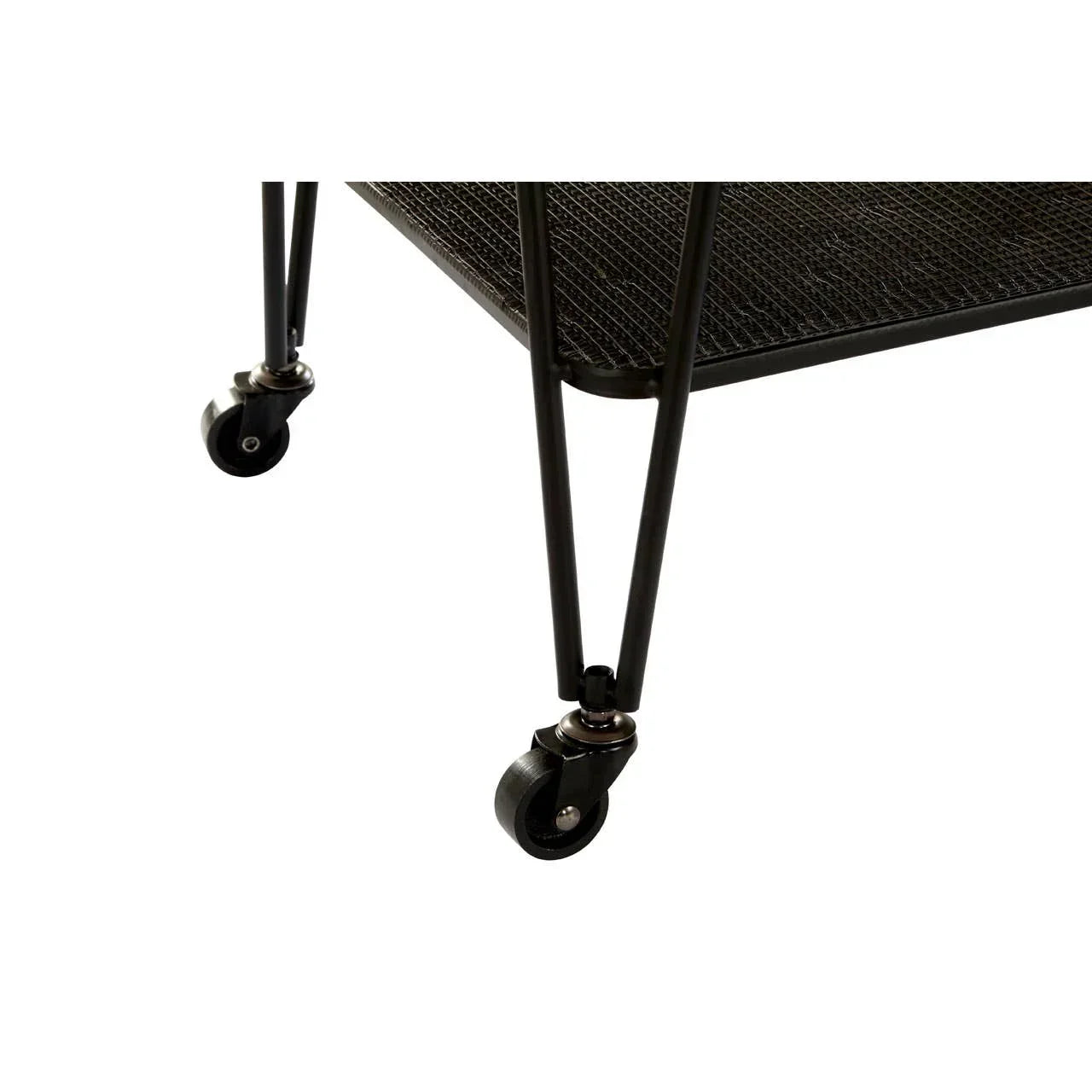 Black metal furniture legs with caster wheels and mesh shelf detail