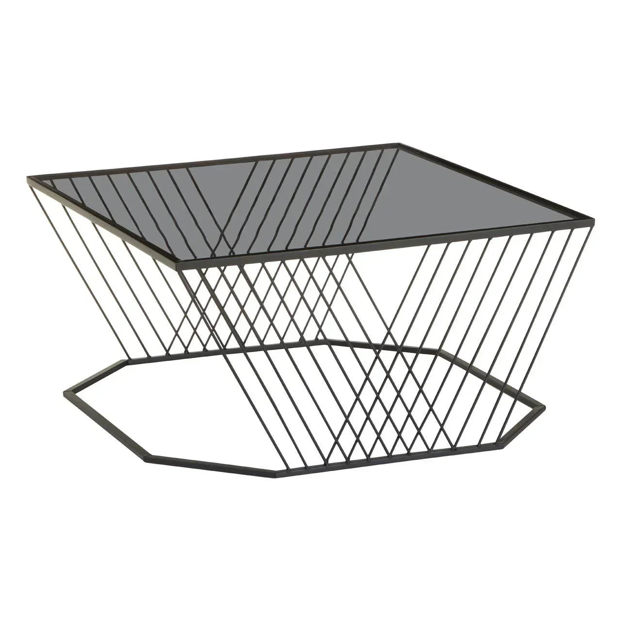 Black metal coffee table with geometric wire base and rectangular glass top