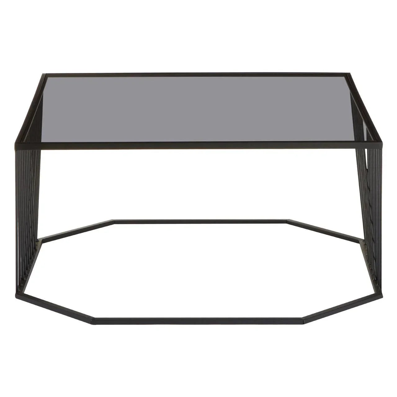 Black metal frame coffee table with glass top and geometric base, front view