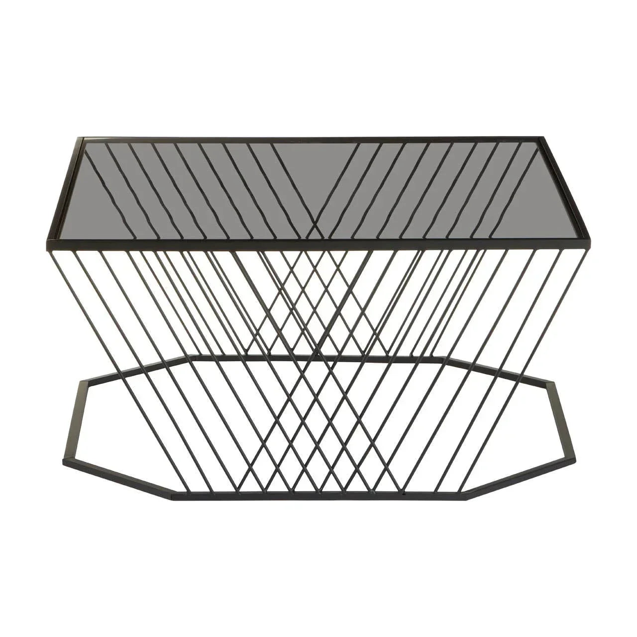 black metal console table with smoked glass top and geometric frame