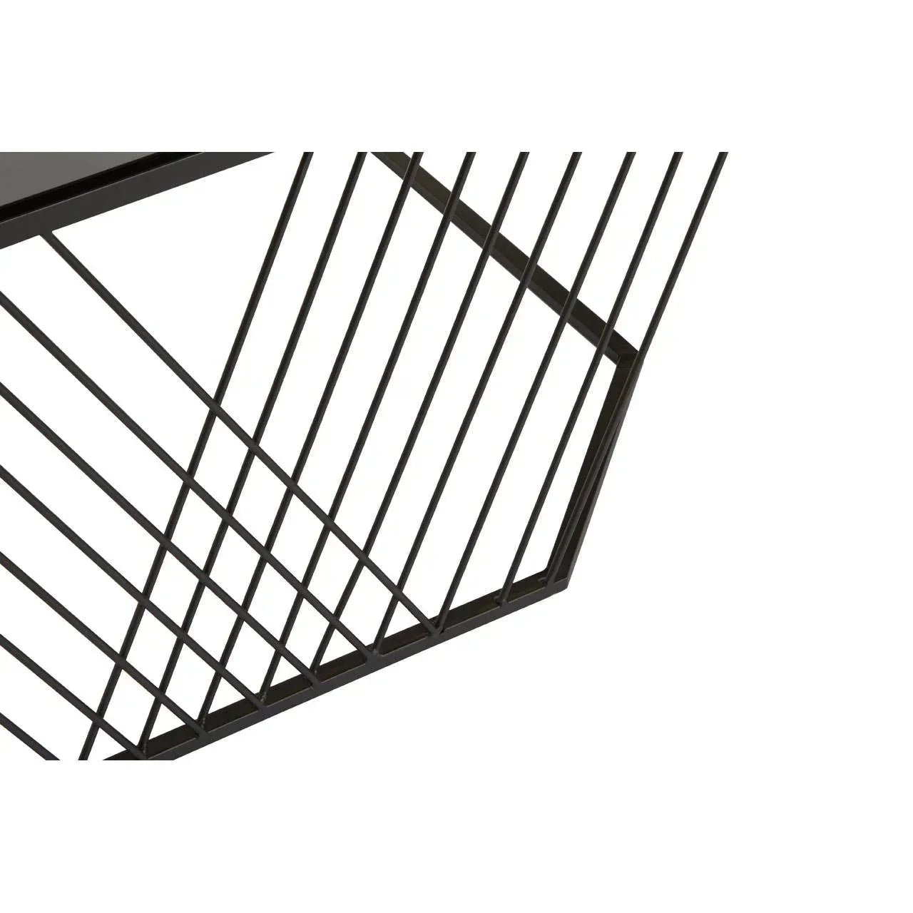 Black metal geometric coffee table leg detail with open frame design