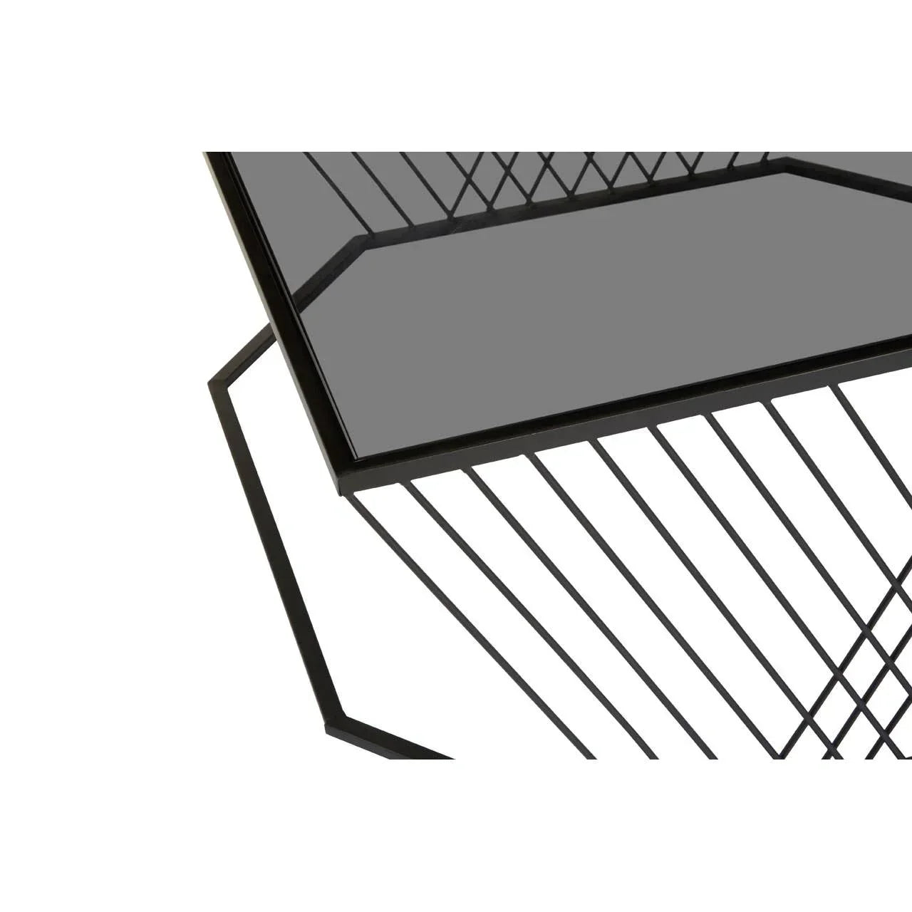 Black metal coffee table with geometric wire frame and tinted glass top, angled view