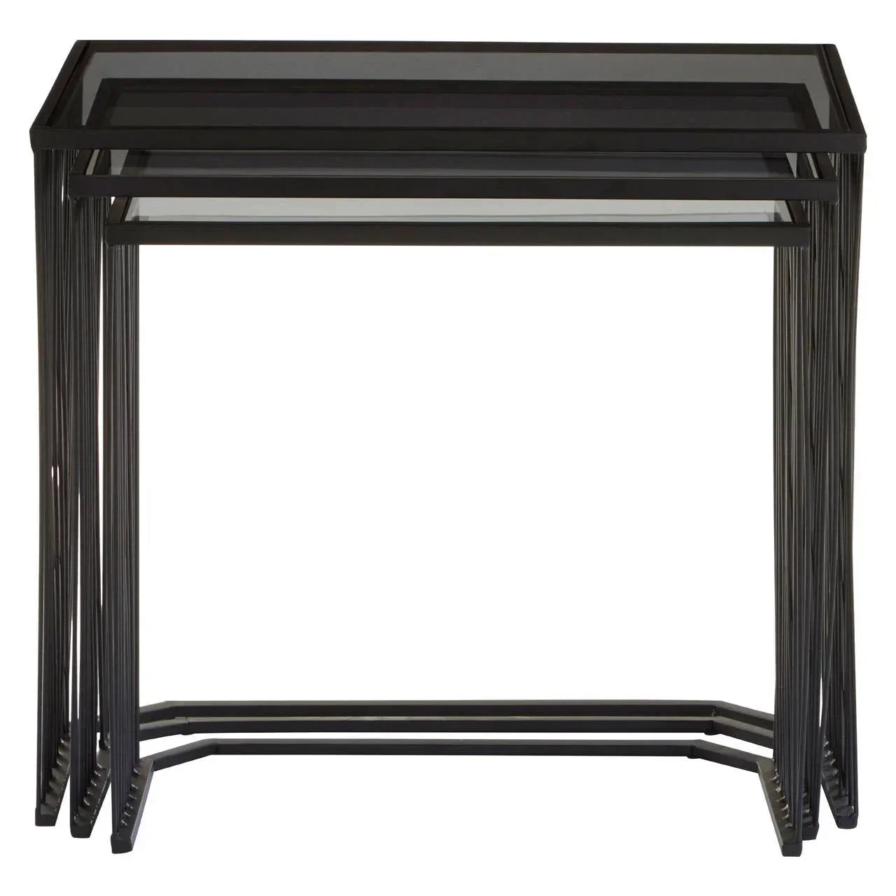 Black metal nesting tables with glass tops, modern geometric design, front view