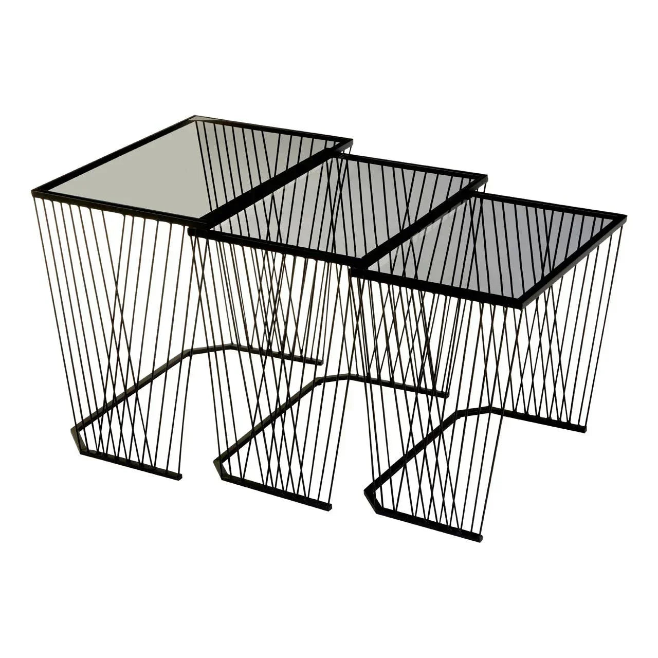 Black metal and glass nesting tables with geometric wire frame, set of three