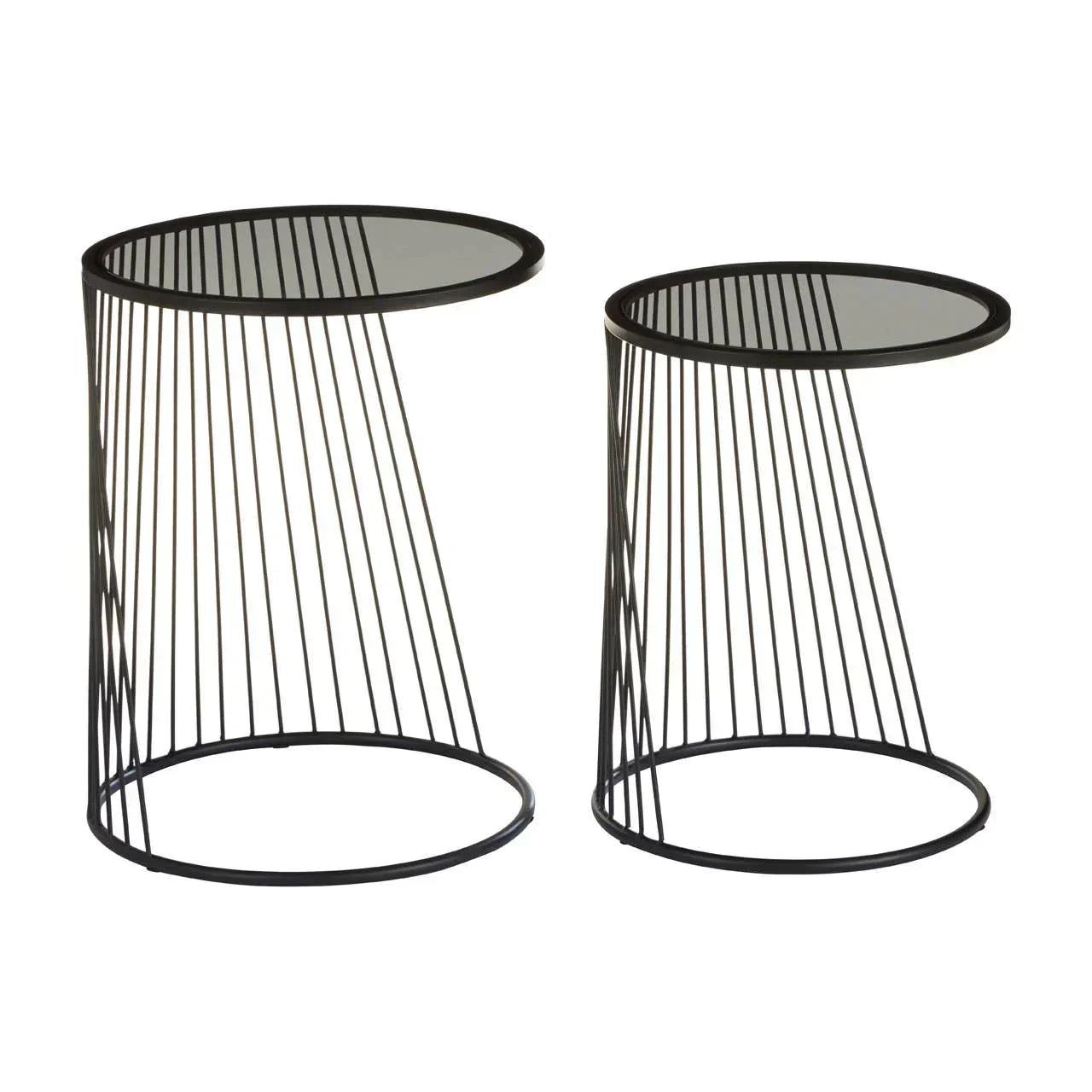 Pair of round black metal side tables with glass tops and open wire bases
