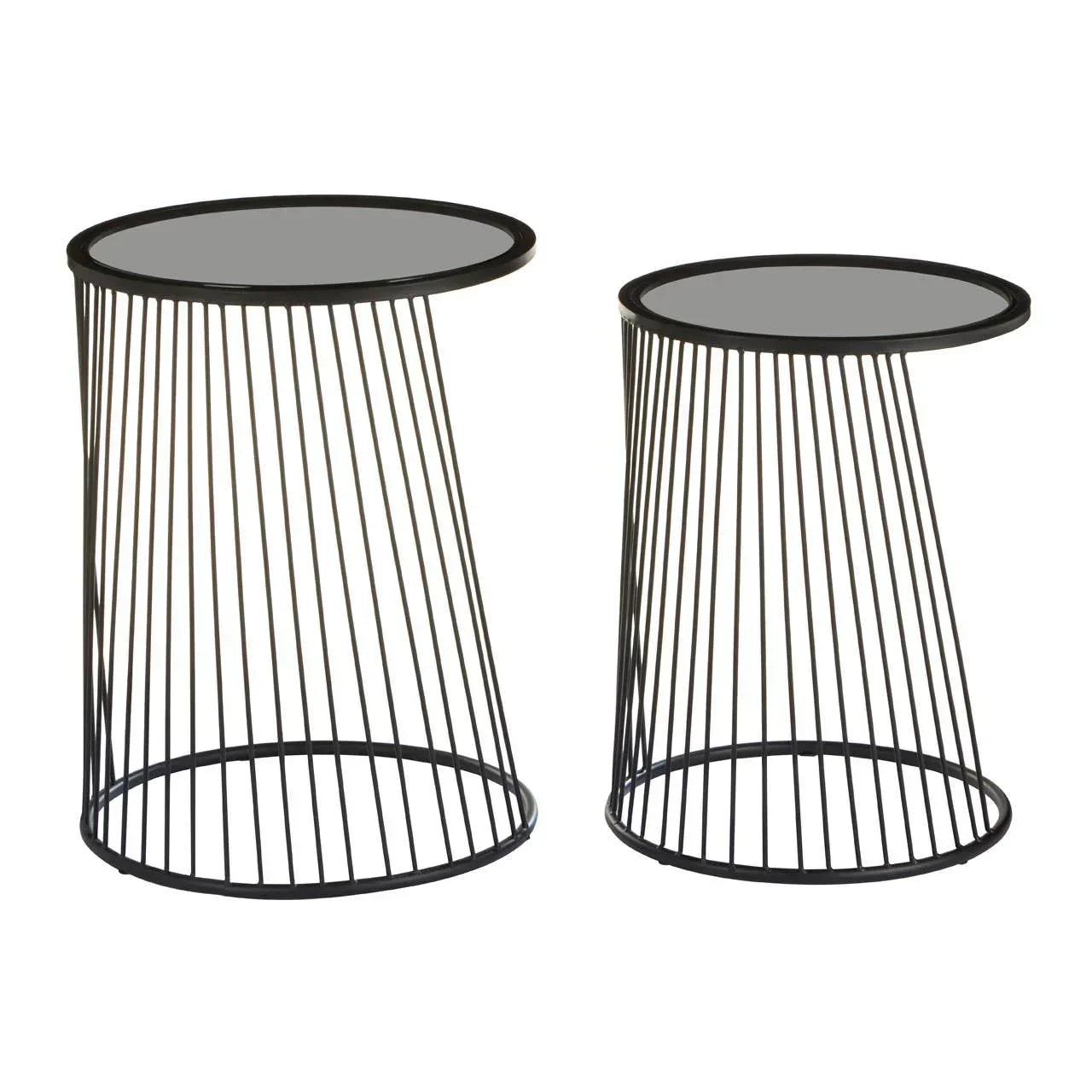 Set of two black metal side tables with round glass tops and wire bases