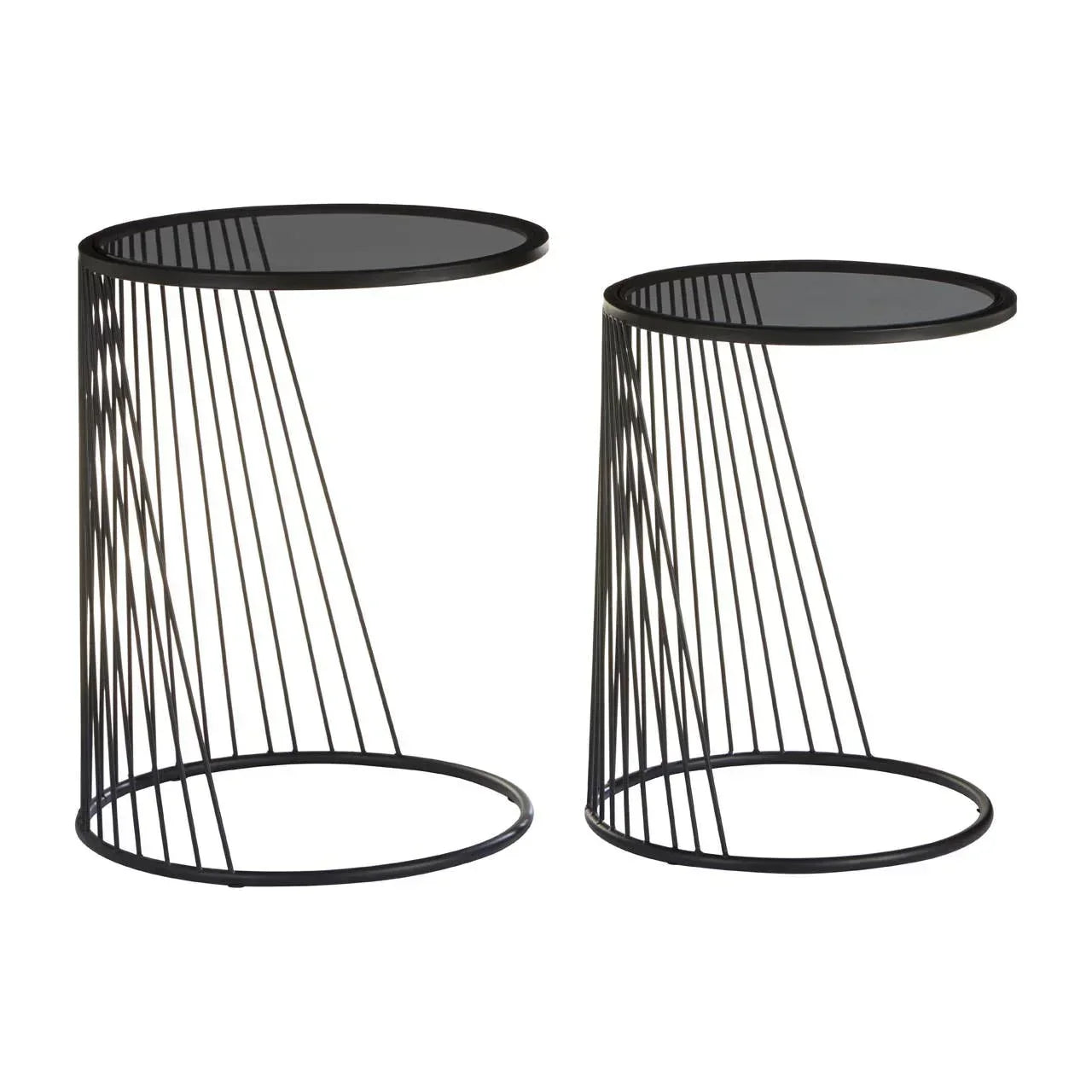 Set of two black metal side tables with round glass tops and wireframe bases
