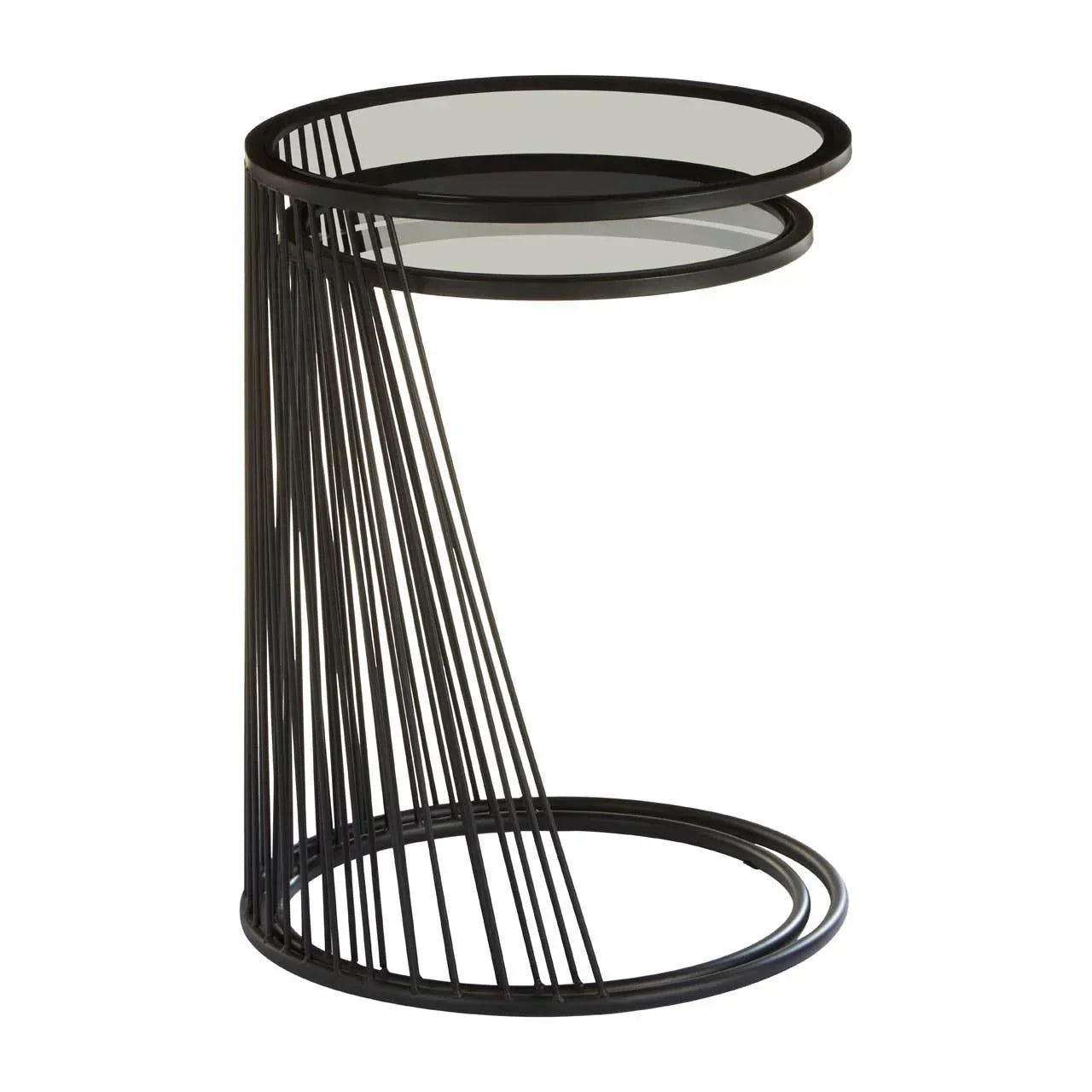 Round glass top side table with black metal wire base, modern accent furniture