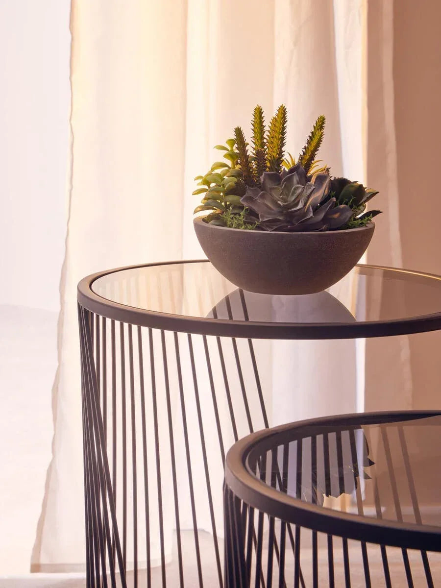 Round glass top side table with black metal frame and potted succulents in natural light