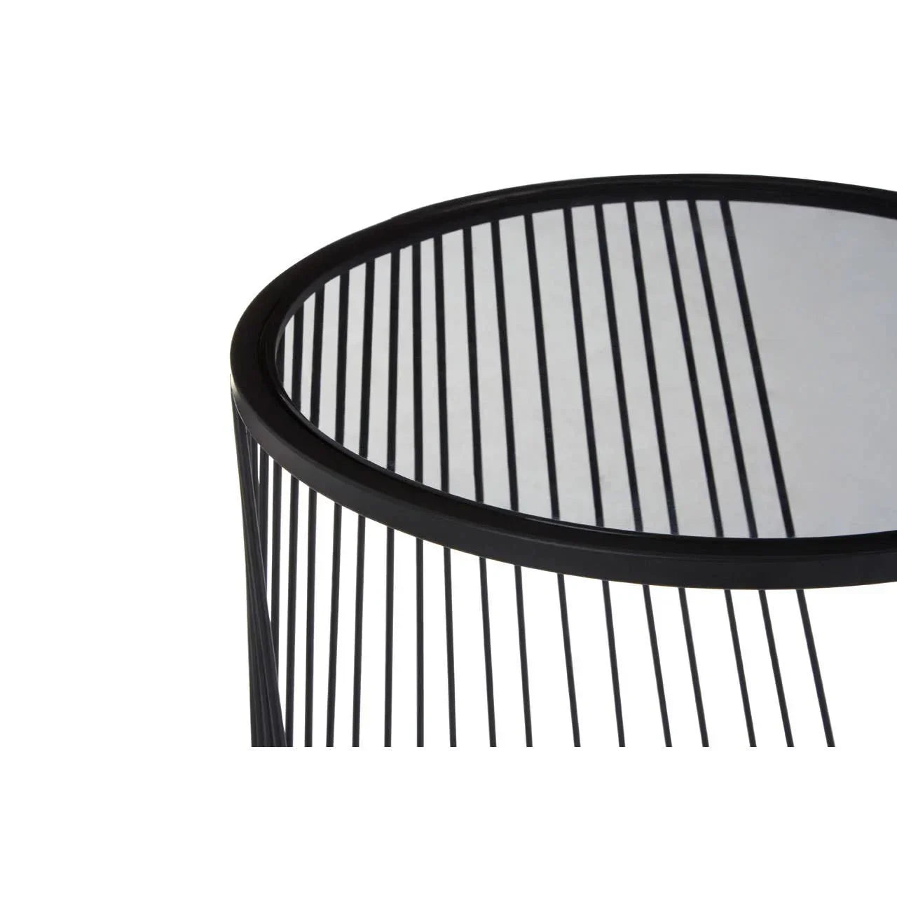 Round black metal side table with glass top and vertical slat base, close-up view