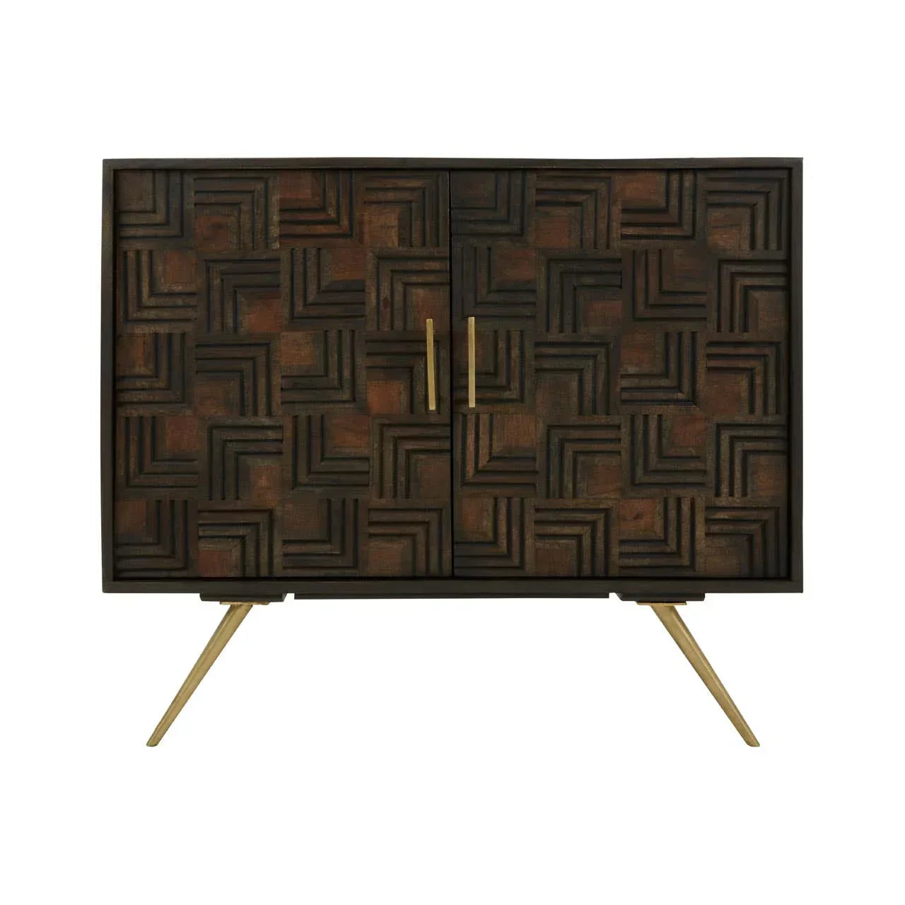 Dark wood cabinet with geometric carved doors and gold metal legs