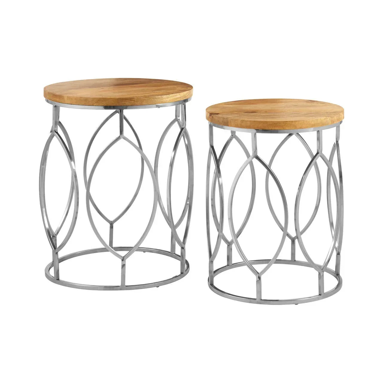 Pair of round side tables with wooden tops and silver metal geometric bases